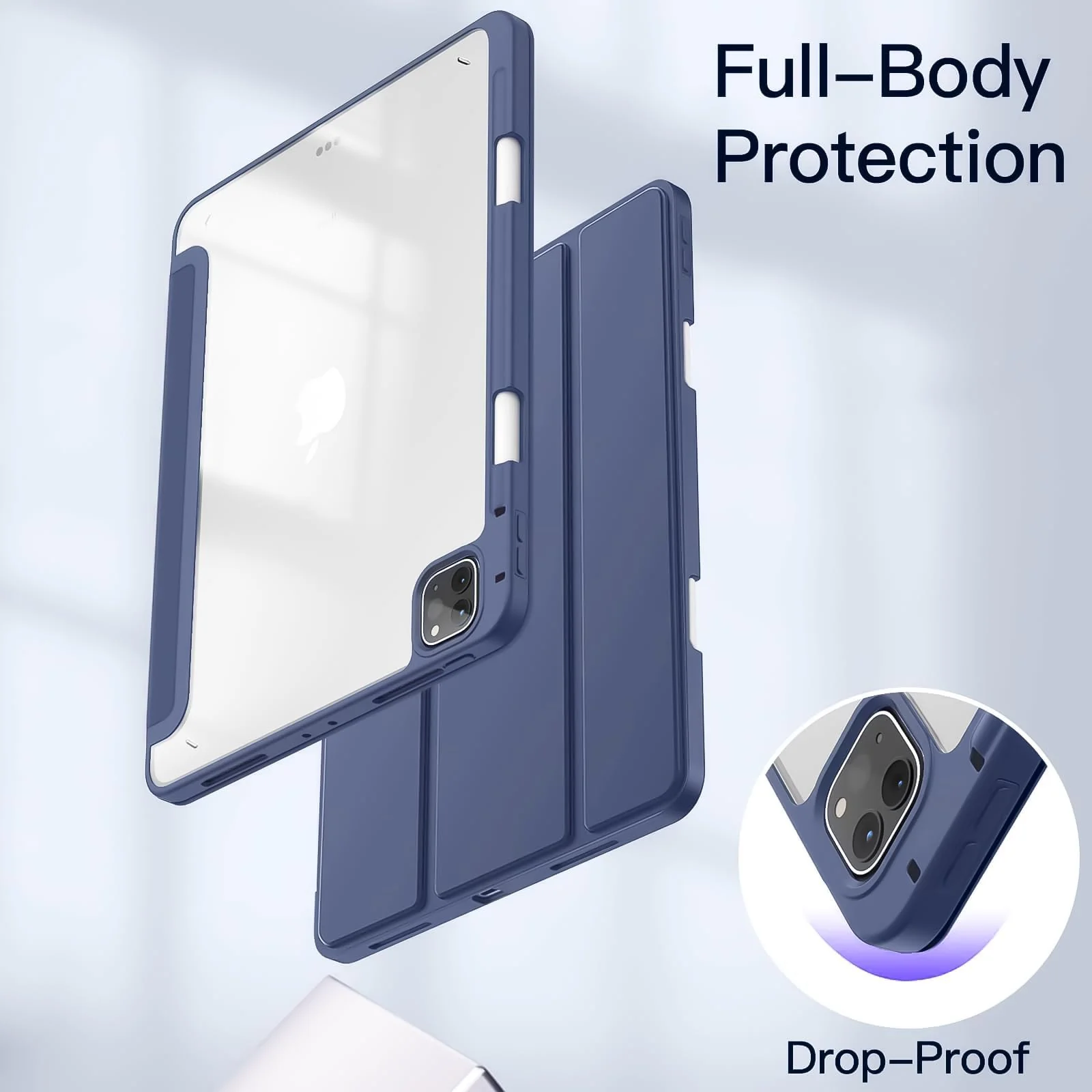 DL3 Mobilak for iPad Pro 12.9 Case 6th/5th/4th/3rd Generation 2022/2021/2020/2018, Clear Shockproof Back Cover Built-in Pencil Holder, Auto Sleep/Wake - Navy Blue