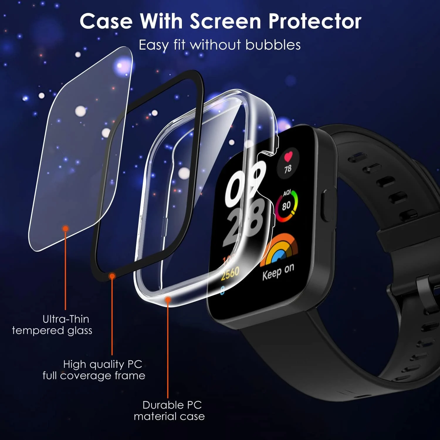 DL3 Mobilak Protective Case For Xiaomi Redmi Watch 3 (Not for Redmi Watch 3 Lite/Active) 9H Hardness PC Case Bumper Full Slim Protective Cover with Built-in Tempered Glass Screen Protector - Clear
