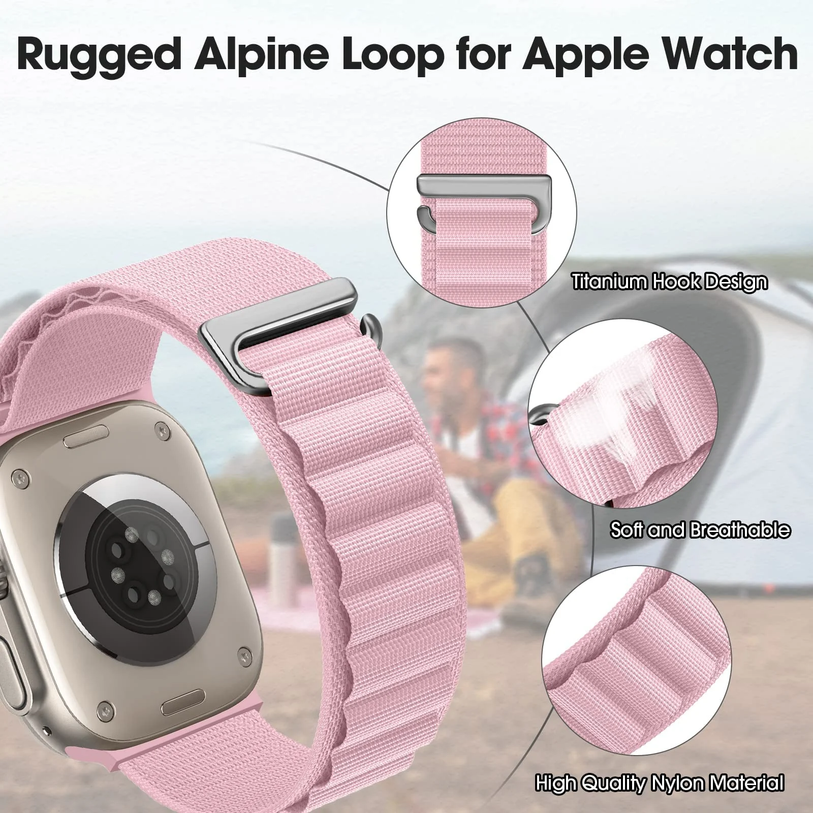 DL3 Mobilak Trail/Alpine Loop Nylon Band Compatible with Apple Watch Ultra 2/Ultra Band 49mm 45mm 44mm 42mm, Adjustable with Metal C-Hook Strap for iWatch Ultra Series 9/8/7/6/5/4/3/2/1/SE2/SE - White Black