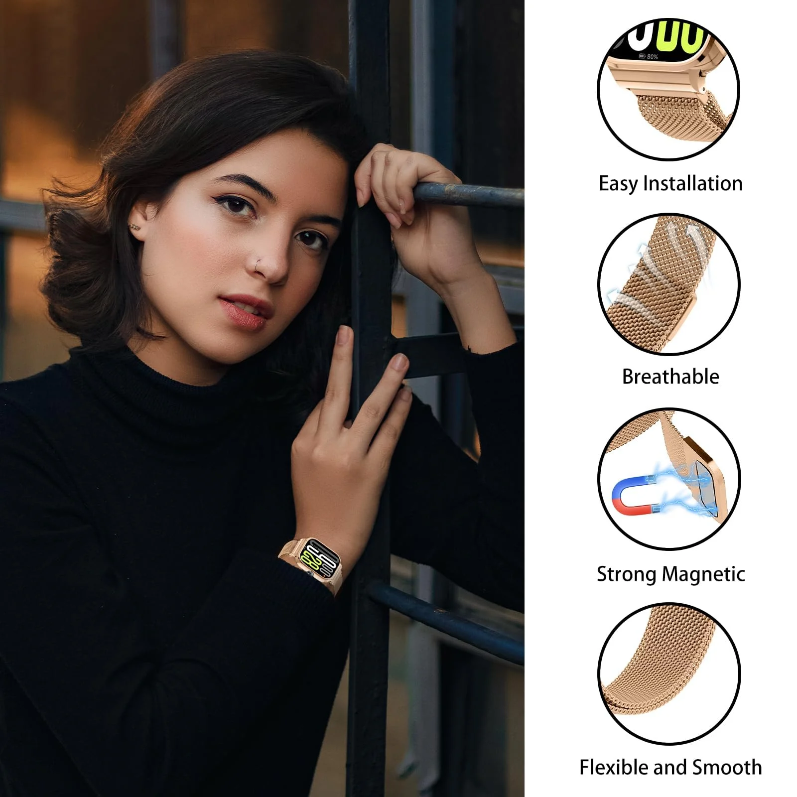 DL3 Mobilak Strap Compatible with Xiaomi Redmi Watch 4, Men and Women Adjustable Metal Stainless Steel Mesh Magnetic Breathable Replacement Wristband Watch Bands for Redmi Watch 4 - Rose Gold