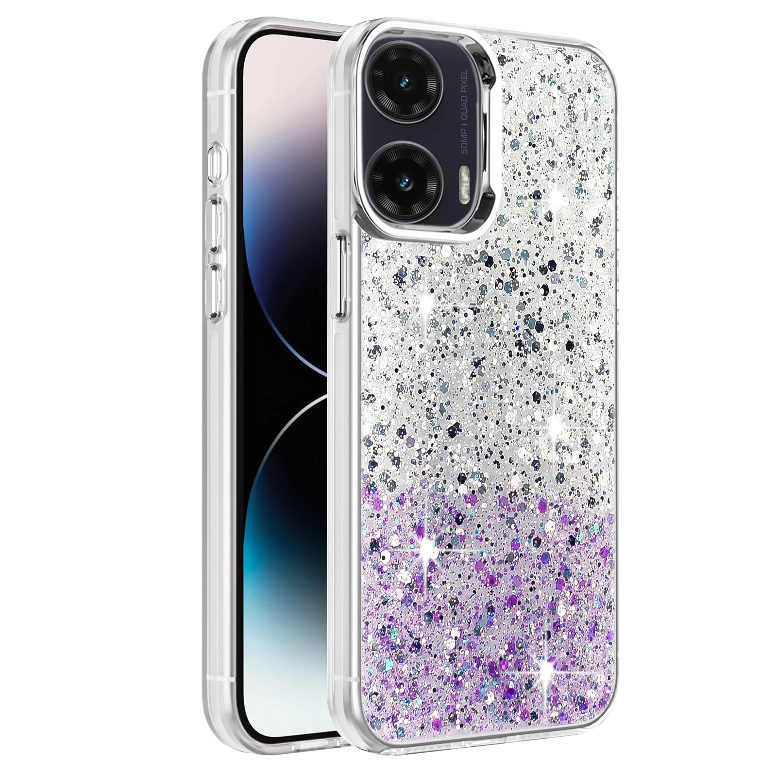 DL3 Mobilak Glitter Protective Case for Motorola Moto G35 5G, Supports wireless charging, Camera protection, Shock-absorbing protection - White Purple