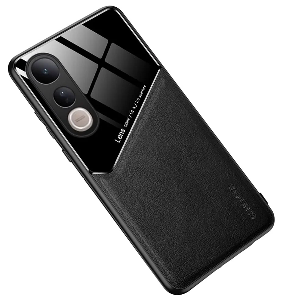 DL3 Mobilak Luxury Case For Vivo V50 Lite 4G / 5G, Ultra-Thin Soft TPU Frame, Back Leather Mixed Double+Plexiglass Protective Cover With Built-in Car Magnetic - Black