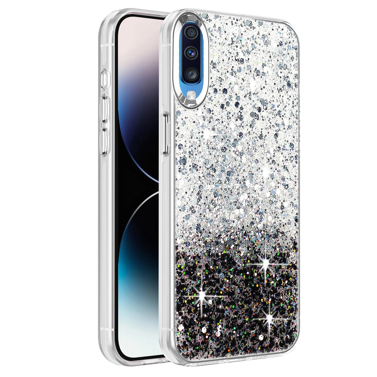 DL3 Mobilak Glitter Protective Case for Samsung Galaxy A70 / A70s, Supports wireless charging, Camera protection, Shock-absorbing protection - White Black