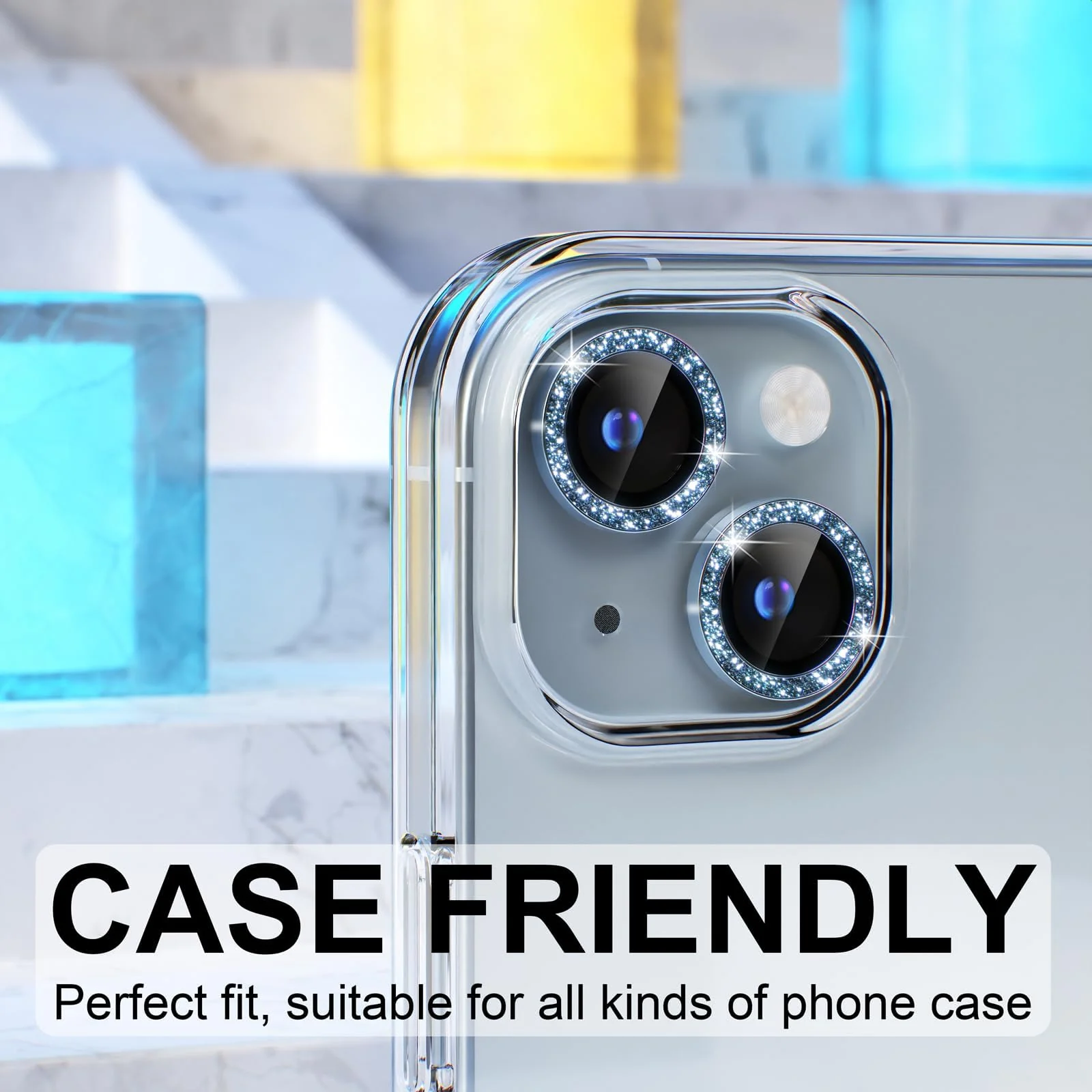 DL3 Mobilak Compatible with iPhone 15/15 Plus & iPhone 14/14 Plus Camera Lens Protector, Anti-Scratch HD Tempered Glass Lens Screen Protection Cover, Metal Individual Lens Ring - Glitter Blue