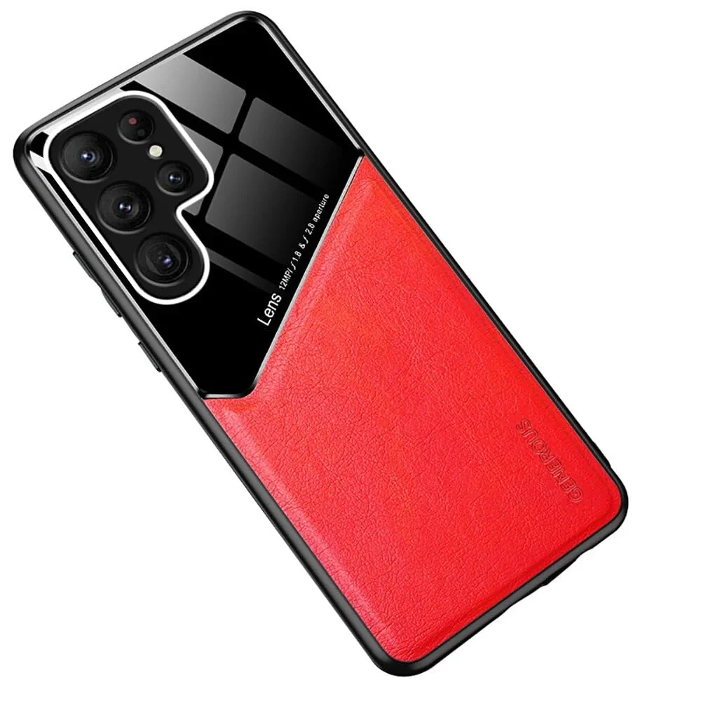 "DL3 Mobilak Faux Leather and Plexiglass Protective Case with TPU Frame and Magnetic Car-Mount Support for Samsung Galaxy S23 Ultra (6.8"") - Red"