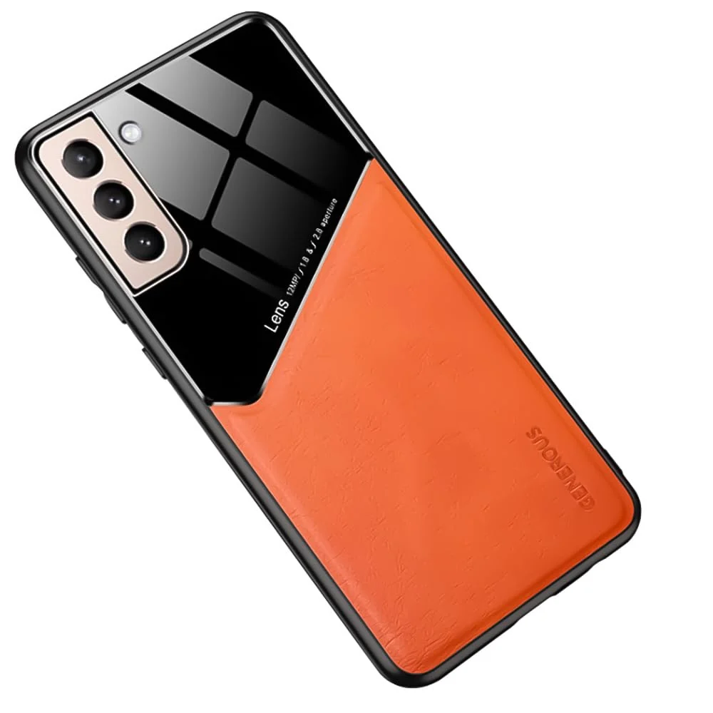 DL3 Mobilak Leather and PC Protective Case for Samsung S21 PLUS, Built-in magnetic car-mount support, Shock-absorbing protection, Raised edges around the screen and camera - Orange