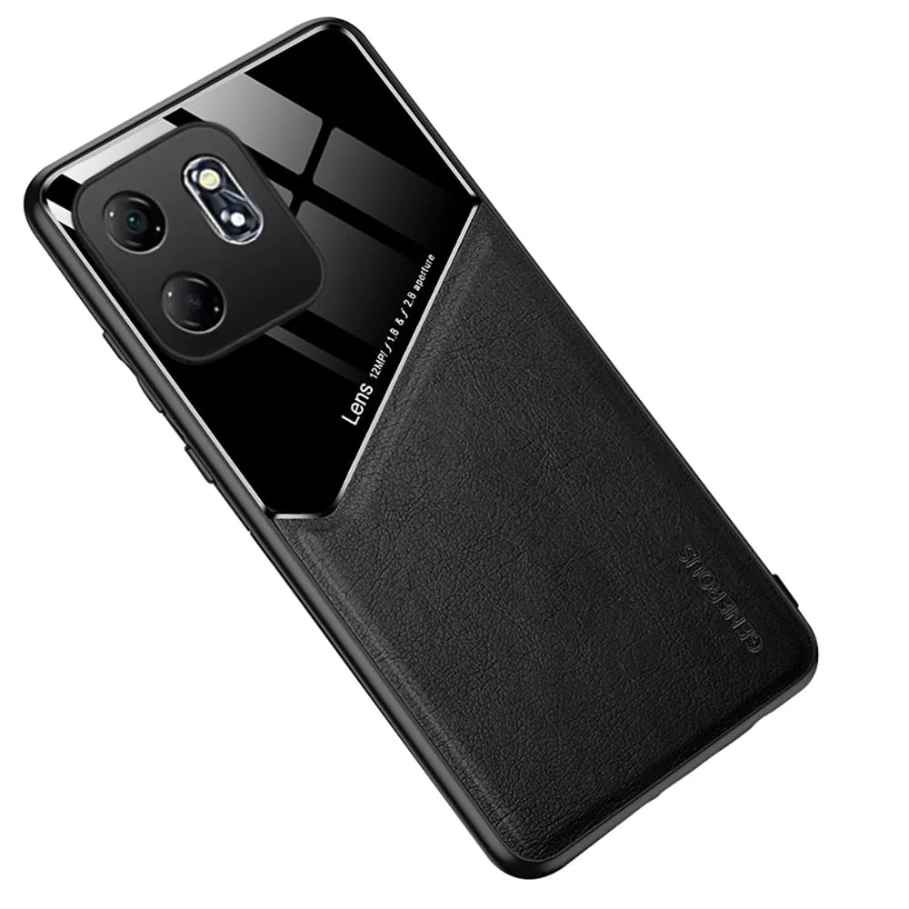 DL3 Mobilak Faux Leather and Plexiglass Protective Case with TPU Frame and Magnetic Car-Mount Support for Infinix Smart 9 | Infinix Hot 50i - Black