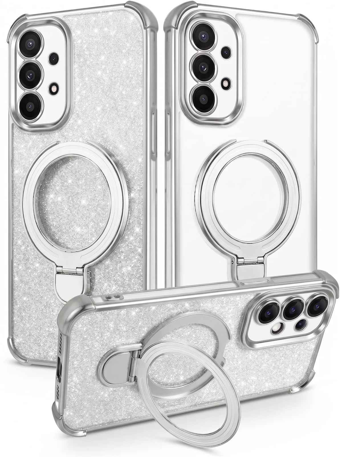 MOBIGON Glitter Phone Case with Magnetic Ring Stand for Samsung Galaxy A23, Silver