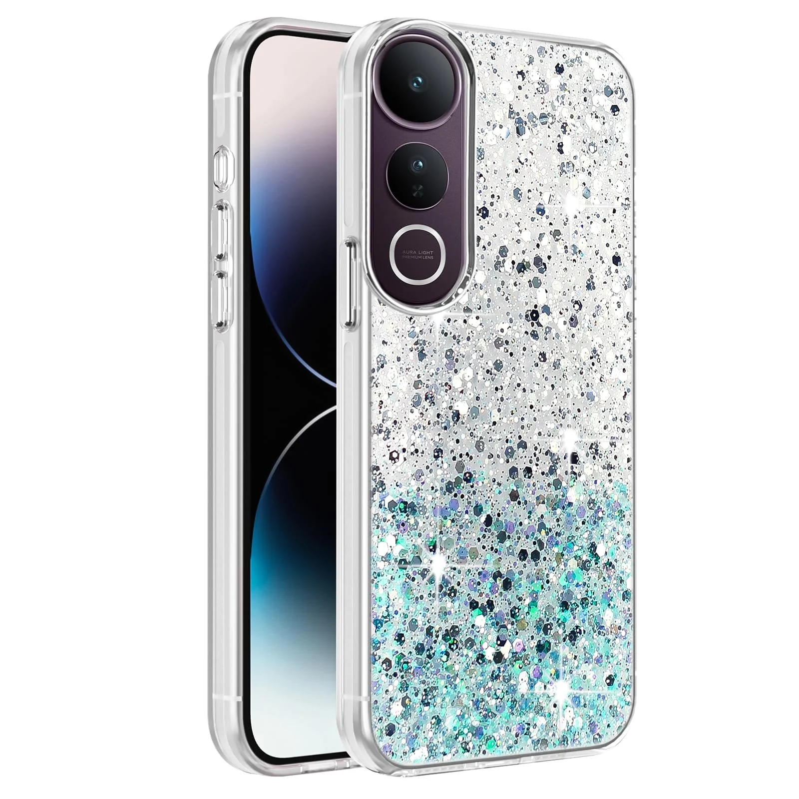 Dl3 Mobilak Compatible with Vivo V50 Lite 4G / 5G Case, Clear Glitter Bling Sparkly, Soft TPU Frame Bumper, Hard-Back Cover for Women & Girls, Transparent Protective Phone Case (Pink Green)