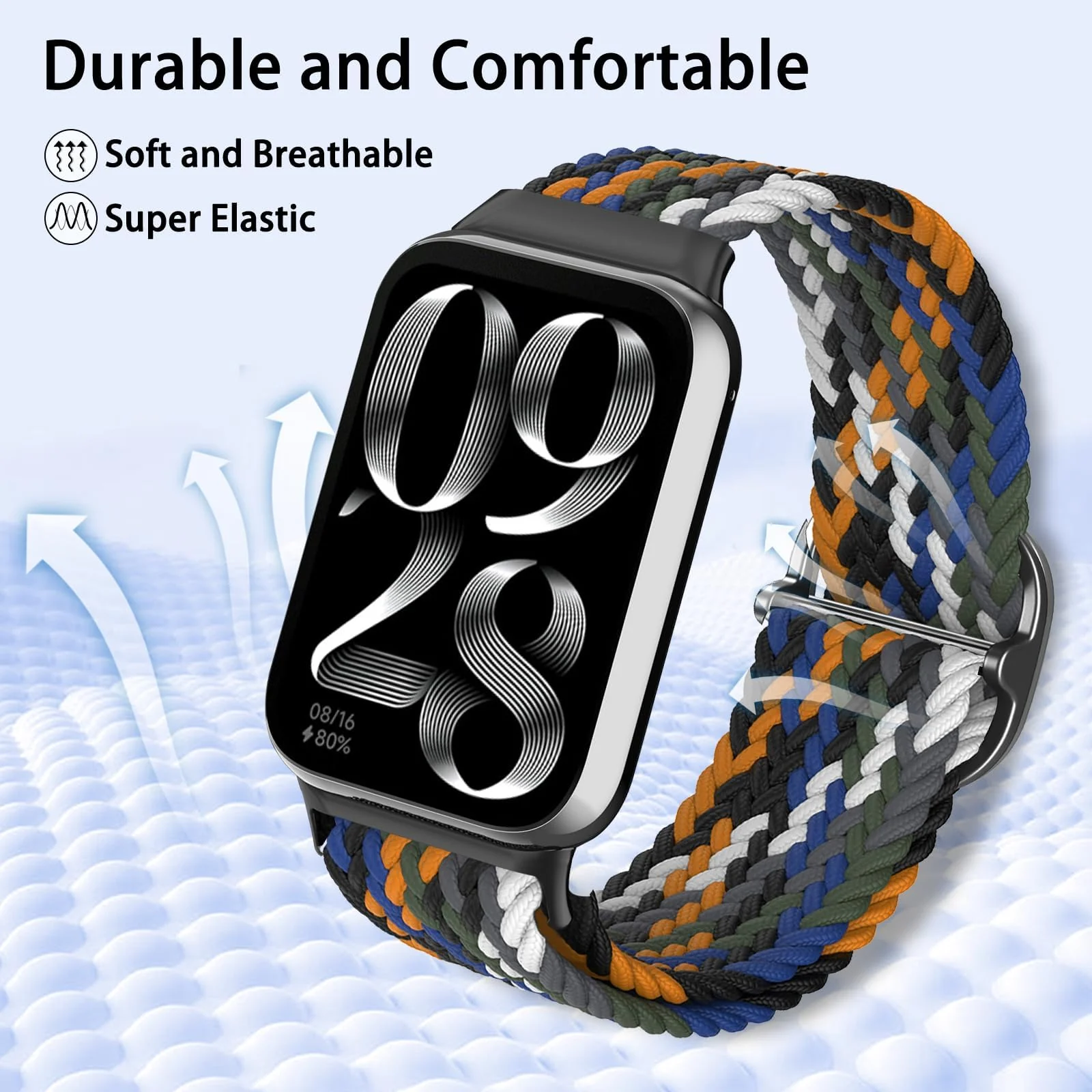 DL3 Mobilak Braided Band For Redmi 4/5 / 6 / Xiaomi Smart Band 8 Pro/Band 9 Pro for Women Men, Adjustable Braided Bands Straps Elastics Sport Wristband Nylon Strap - Denim Colorful