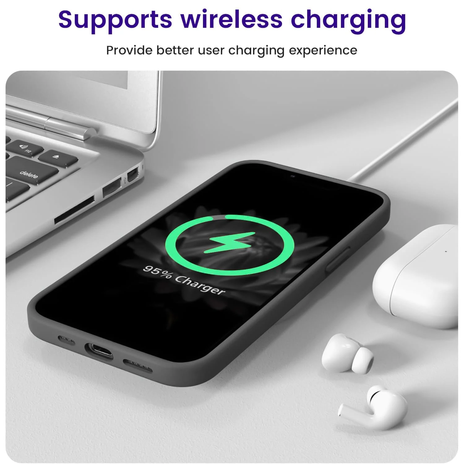 DL3 Mobilak Liquid Silicone Case for iPhone 15, Supports wireless charging, Shock-absorbing protection, Anti-fingerprint finish - B.Gray