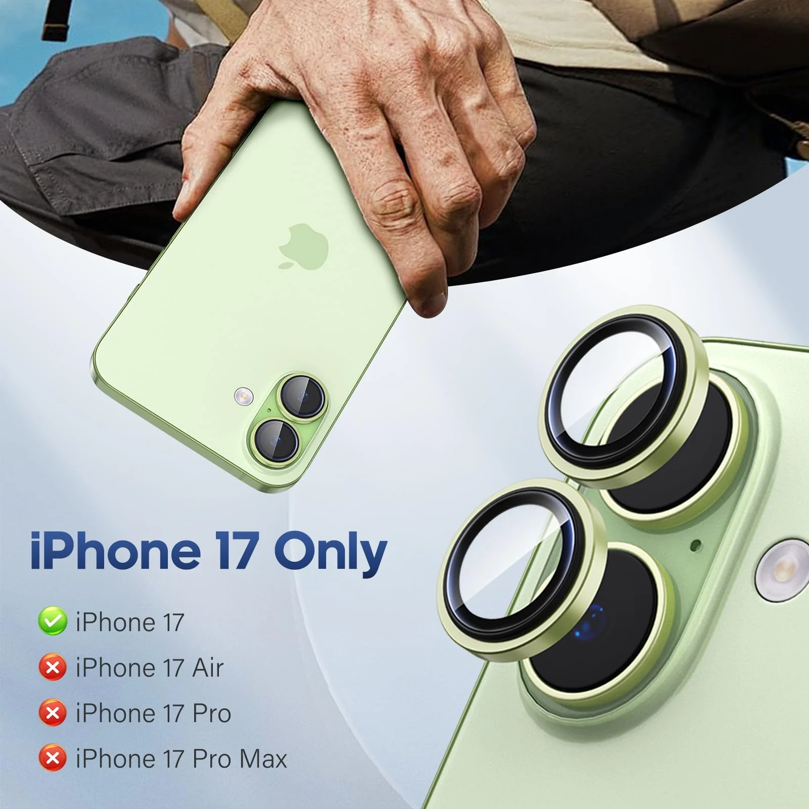 DL3 Mobilak Camera Lens Protector for iPhone 17 Accessories, 9H Tempered Glass Metal Individual Ring Camera Cover Screen Protector, Case Friendly, Anti Scratch - Sage