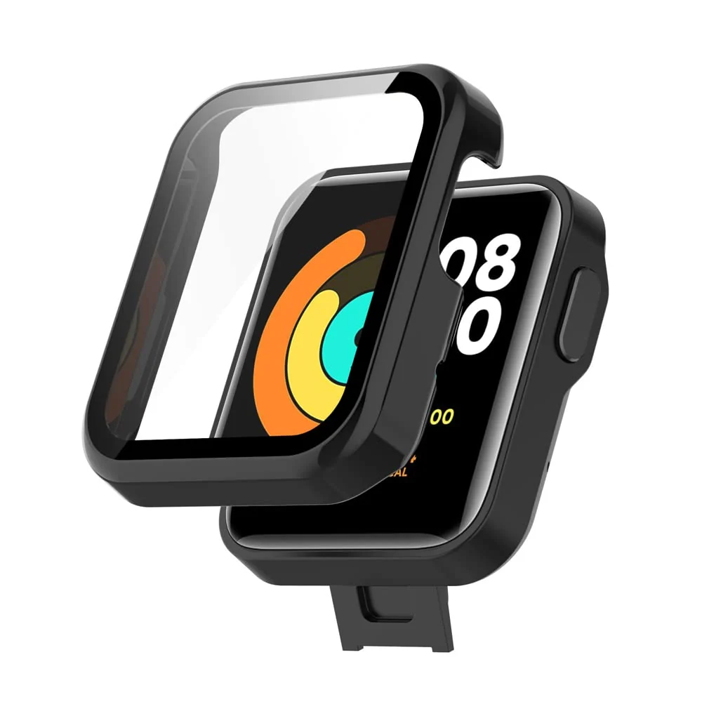 DL3 Mobilak Protective Case Compatible with Xiaomi Mi Watch Lite, 9H Hardness PC Cover Bumper Full Slim Protective Case with Tempered Glass For Redmi Watch Lite - Black