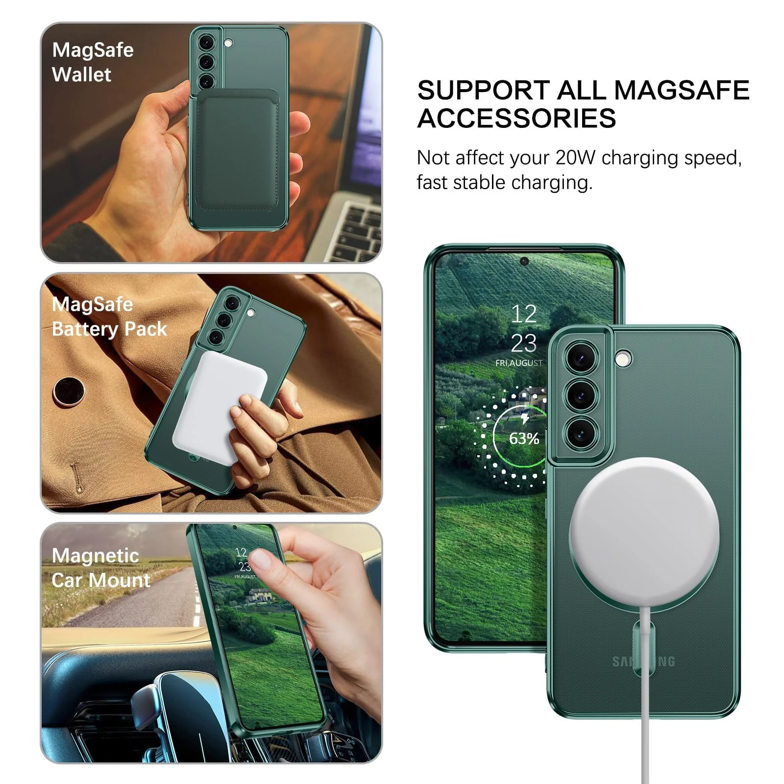 DL3 Mobilak Glitter Protective Case for Samsung Galaxy S22, Compatible with MagSafe accessories, Supports wireless charging, Camera protection - Green