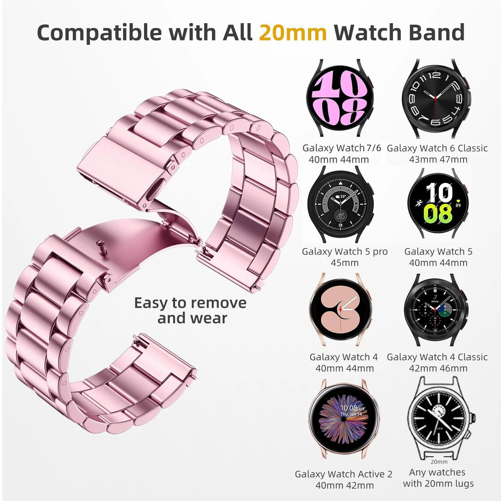 DL3 MOBILAK Adjustable Stainless-Steel Link Watch Strap for watches with 20mm lugs - Pink