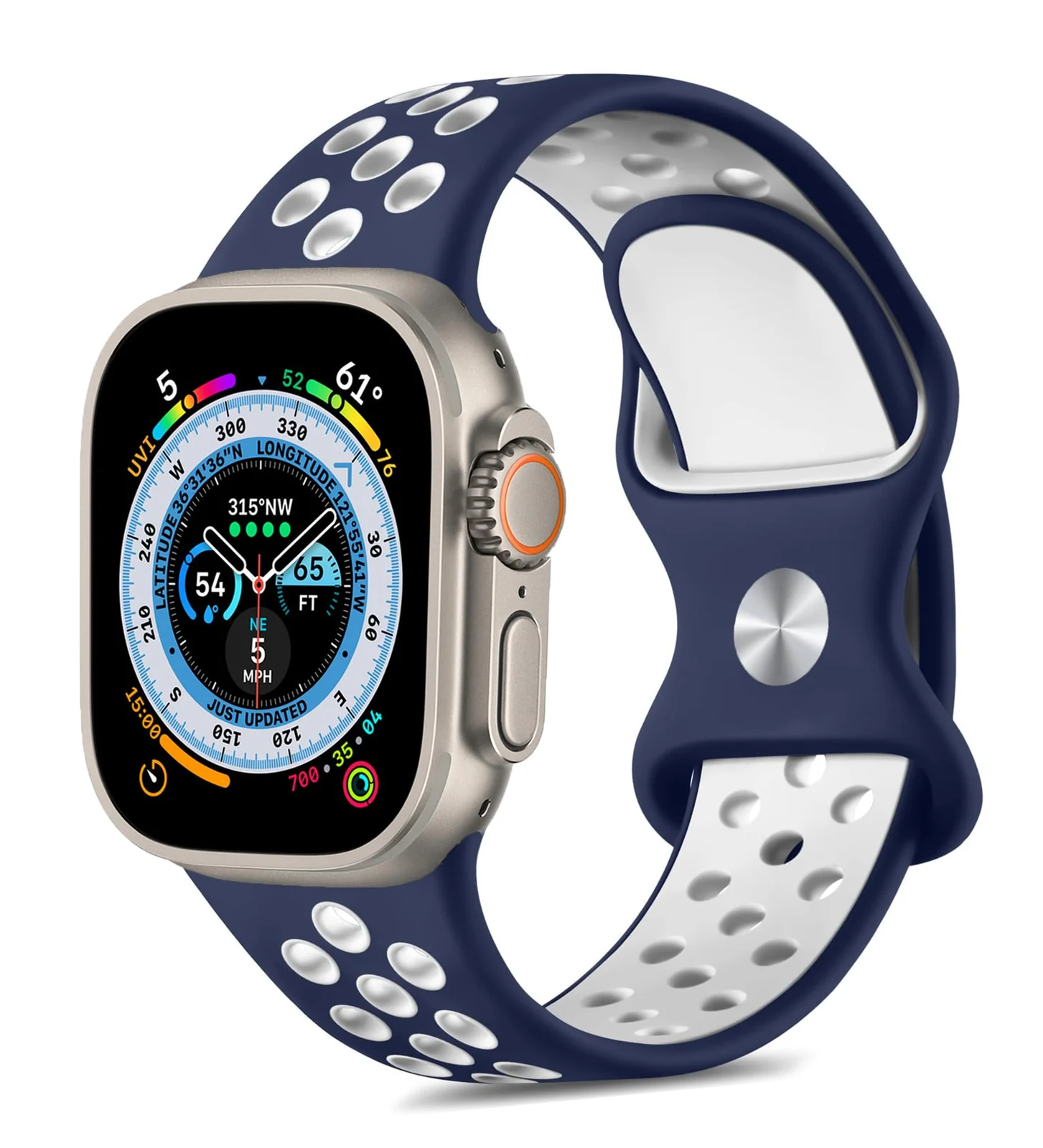 42mm/44mm/45mm/49mm — DL3 Mobilak Sport Strap For Apple Watch 49mm 45mm 44mm 42mm 41mm 40mm 38mm, Breathable Silicone Double Hole Band, for iWatch Ultra 2 Series 9 8 7 6 5 4 3 SE (&, 42mm/44mm/45mm/49mm) - Blue & White
