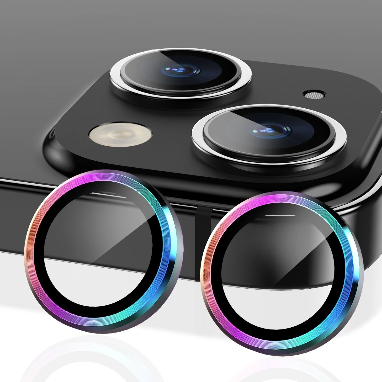 DL3 Mobilak Compatible with iPhone 15/15 Plus & iPhone 14/14 Plus Camera Lens Protector, Anti-Scratch HD Tempered Glass Lens Screen Protection Cover, Metal Individual Lens Ring - Multi-coloured