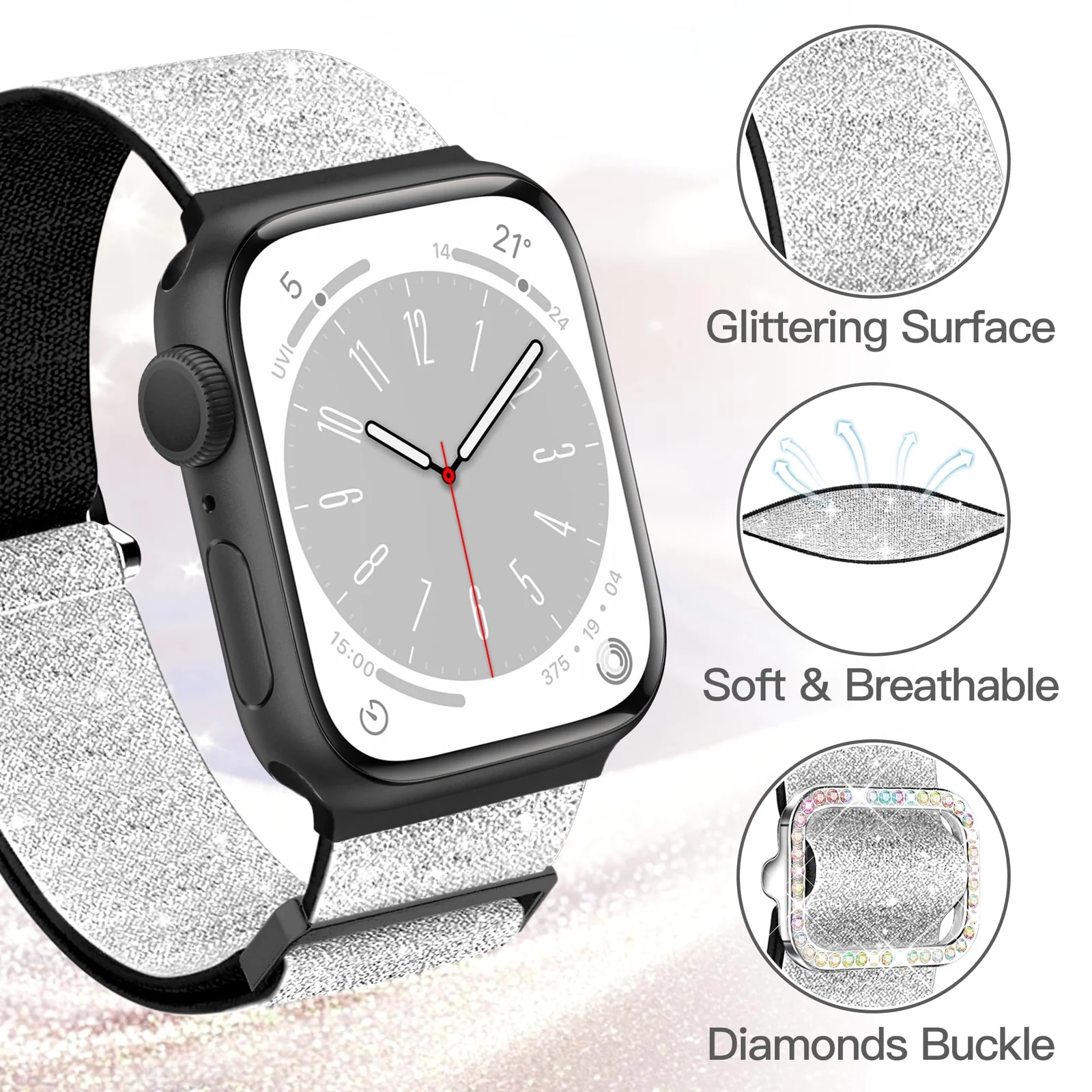 Dl3 Mobilak Stretchy Bling Band For Apple Watch 49mm 46mm 45mm 44mm 42mm Women, Nylon Sparkly Strap Solo Loop Glitter Wristband for iWatch Series 11 10 9 8 7 6 5 4 SE Ultra 3 2 1 (Silver/Black)