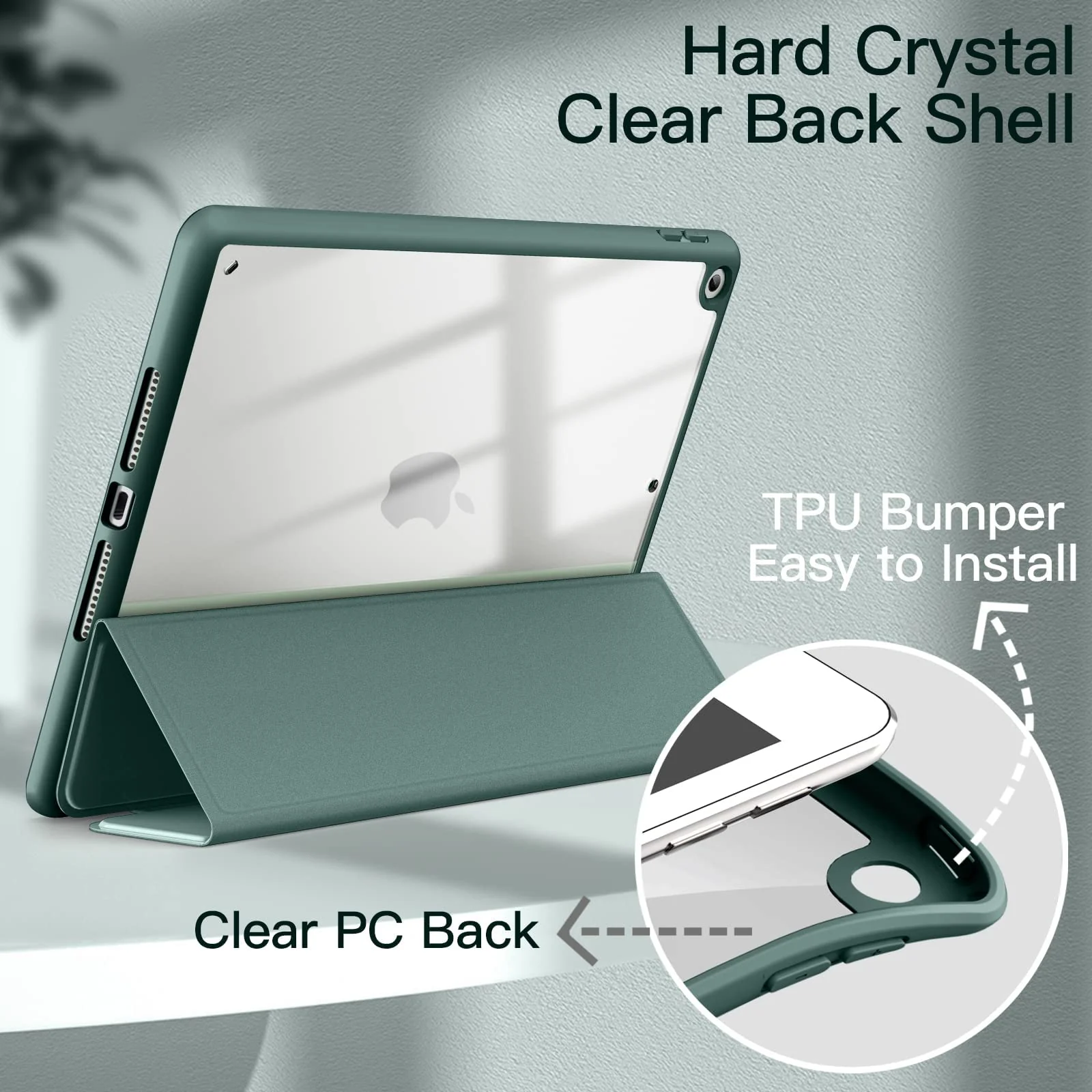 DL3 Mobilak Case for iPad 10.2-Inch (9th/8th/7th Generation, 2021/2020/2019), Clear Shockproof Back Cover Built-in Pencil Holder, Auto Sleep/Wake - Green