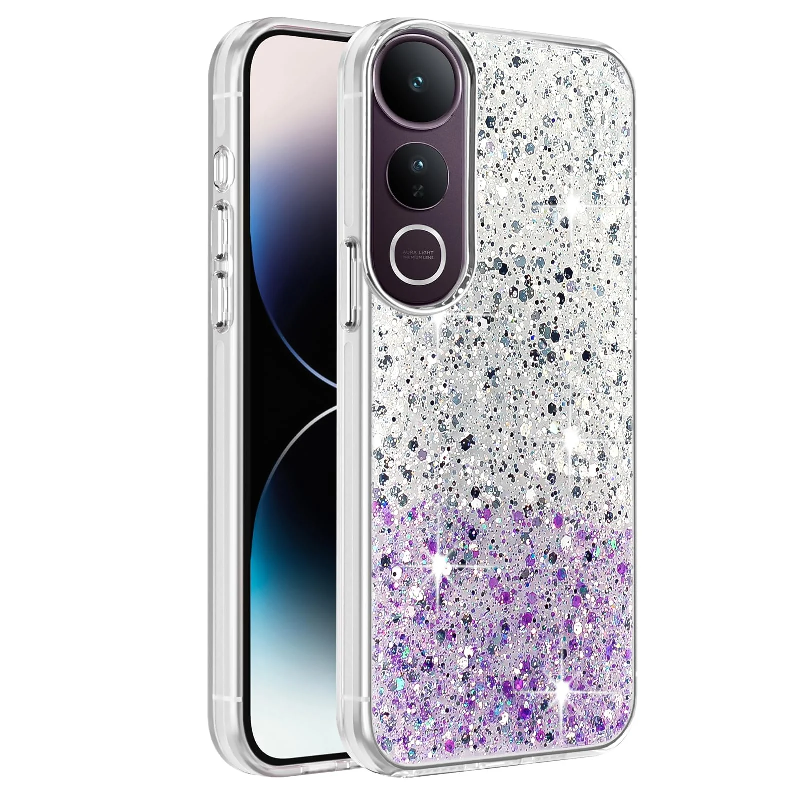 Dl3 Mobilak Compatible with Vivo V50 Lite 4G / 5G Case, Clear Glitter Bling Sparkly, Soft TPU Frame Bumper, Hard-Back Cover for Women & Girls, Transparent Protective Phone Case (Pink Green)