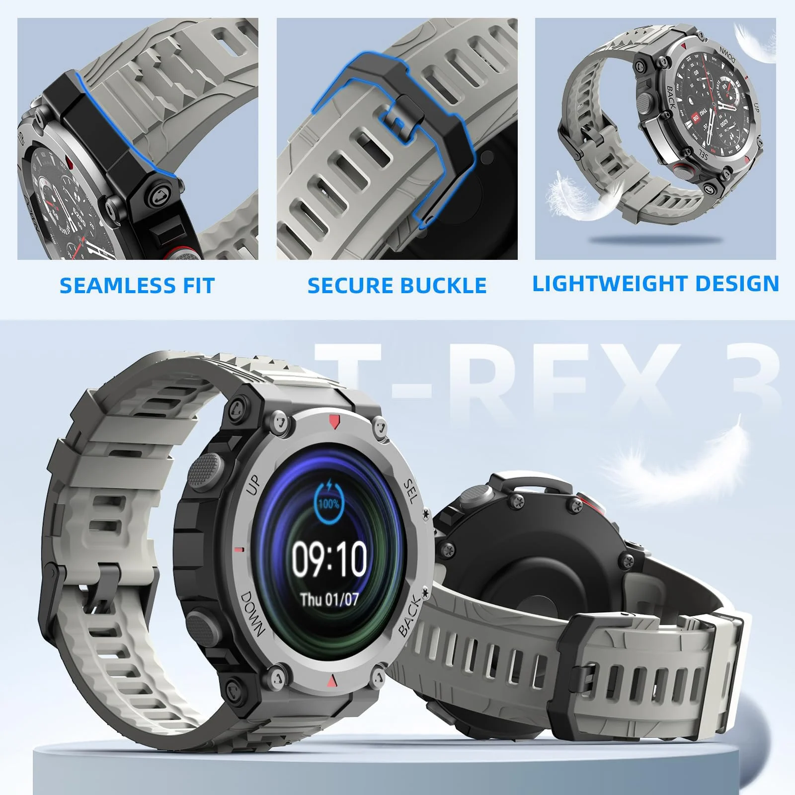 DL3 Mobilak Strap Compatible with Amazfit T-Rex 3, Men Women Sport Waterproof Soft Breathable Silicone Watch Bands Compatible with Amazfit T-Rex 3 with 1 Install Tool - Rock Gray