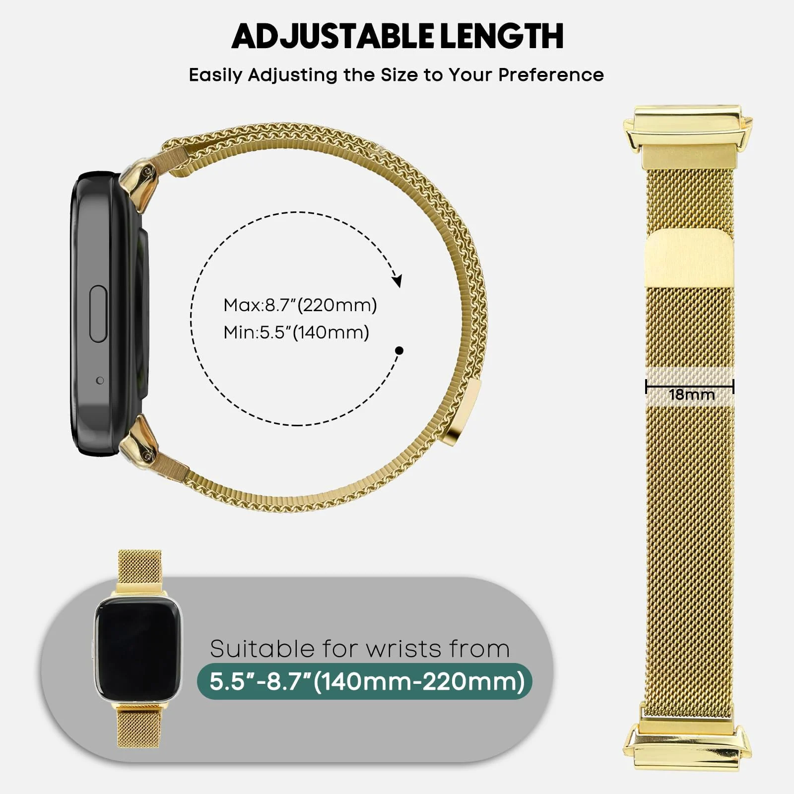 DL3 Mobilak Bracelet Compatible with Xiaomi Redmi Watch 3 Active/Redmi Watch 3 Lite, Stainless Steel Replacement Strap, Mesh Metal Watch Strap, Magnetic Adjustable Replacement Band For Men Women - Gold