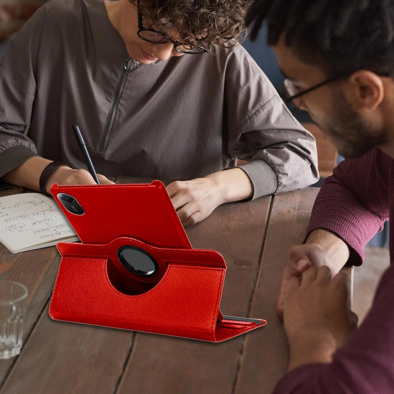 DL3 Mobilak Protective Cover for Xiaomi Redmi Pad 2 2025 11 inch, 360° Rotatable Smart Stand, Leather Folio Flip Cover with Multi-Angle Viewing, Auto Wake Sleep - Red