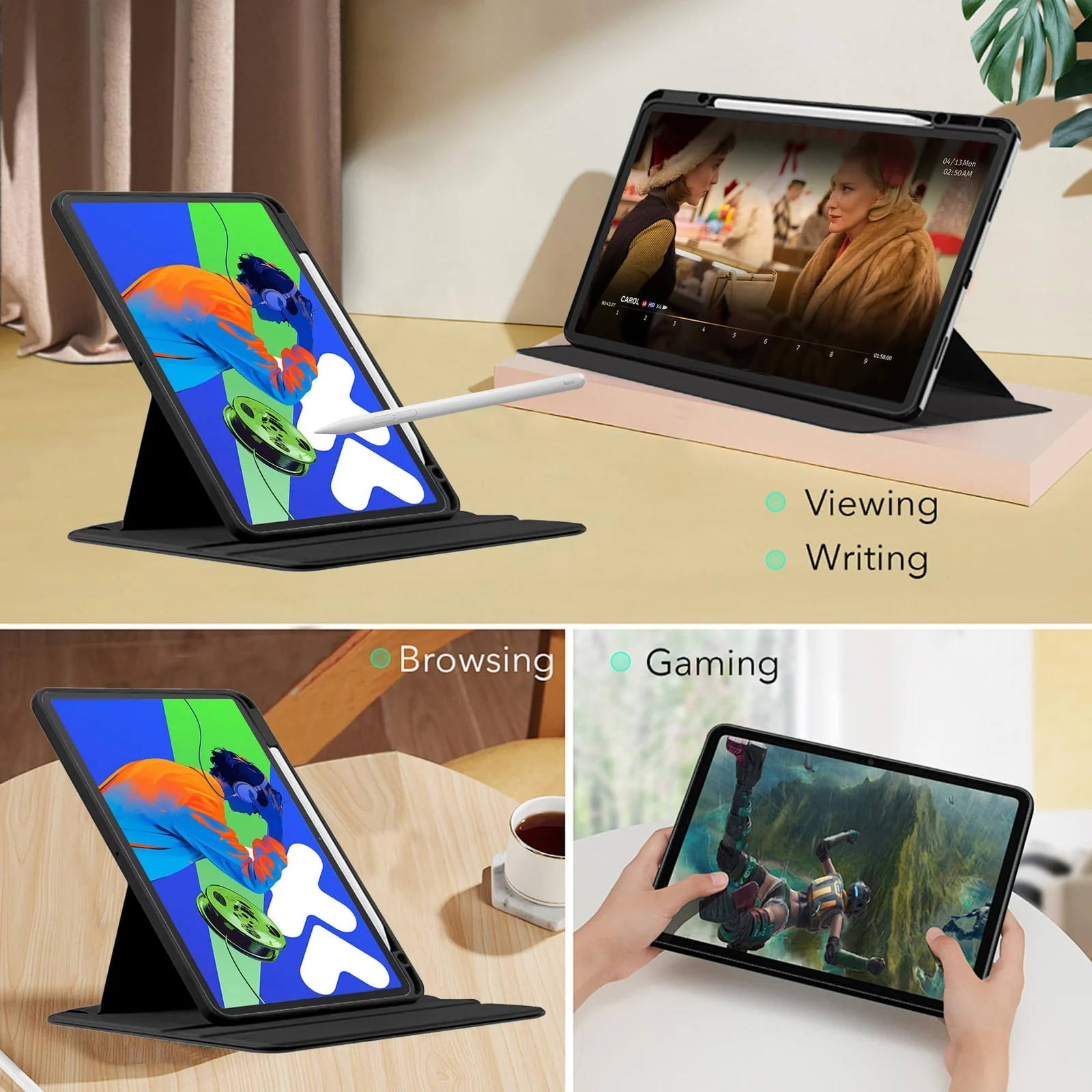 DL3 Mobilak Case for Samsung Galaxy Tab S10 Lite/S10 FE/S9 FE 10.9-Inch/S9 11-Inch, 360° Rotation Multi-angle Stand Slim Cover PU leather + Transparent Acrylic case with Pen Holder Auto Wake/Sleep - Black