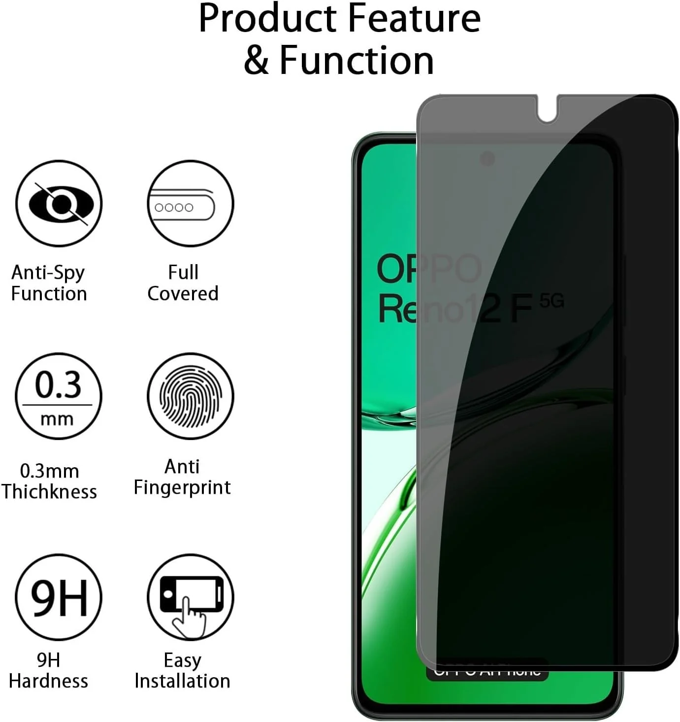 DL3 Mobilak OPPO Reno 12F / Reno12 F 4G/5G Privacy Screen Protector, Anti-Spy 9H Hardness Tempered Glass Film [Case Friendly] [Bubble Free] - Black