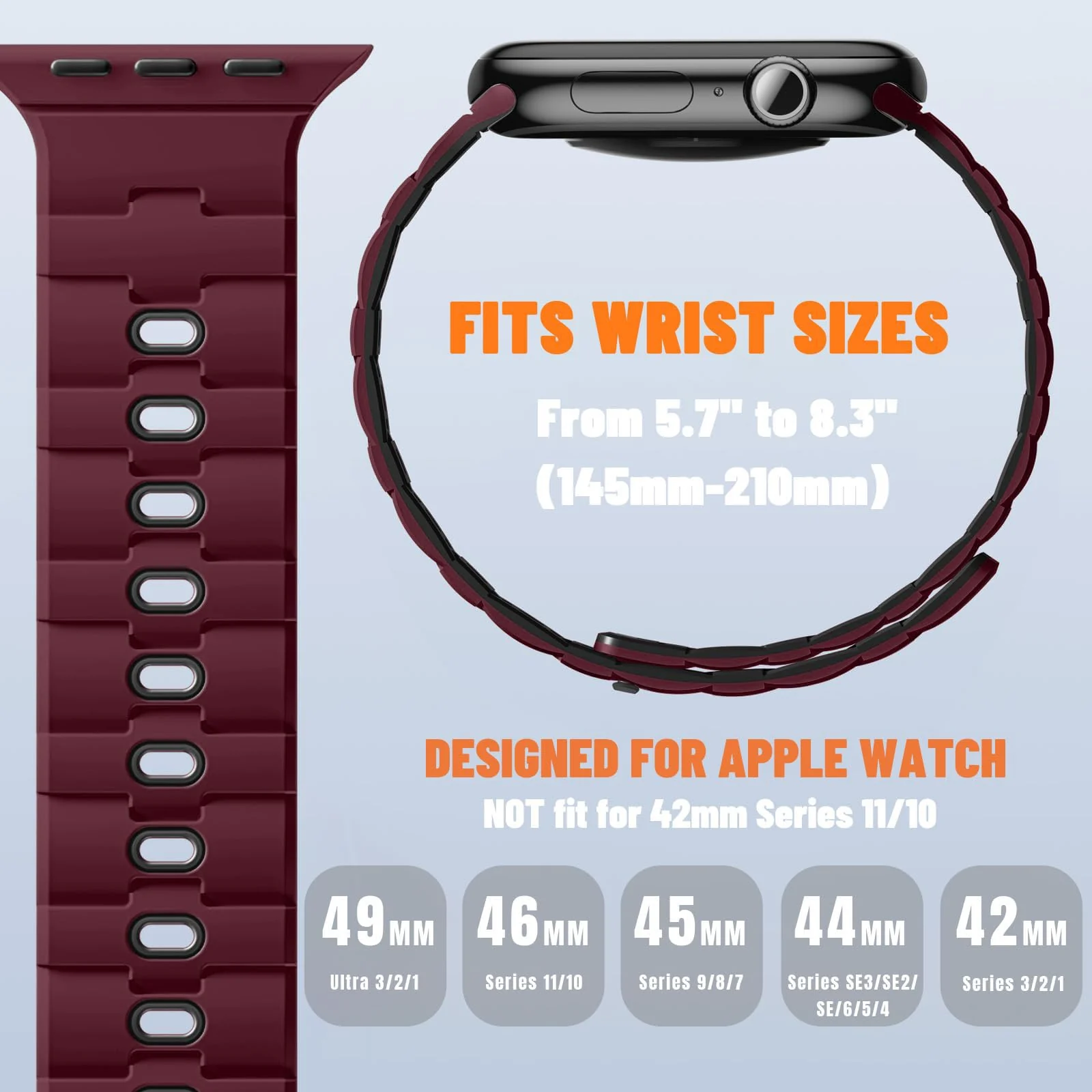 DL3 MOBILAK Adjustable Silicone Sports Watch Strap for 49MM - Burgundy*Black