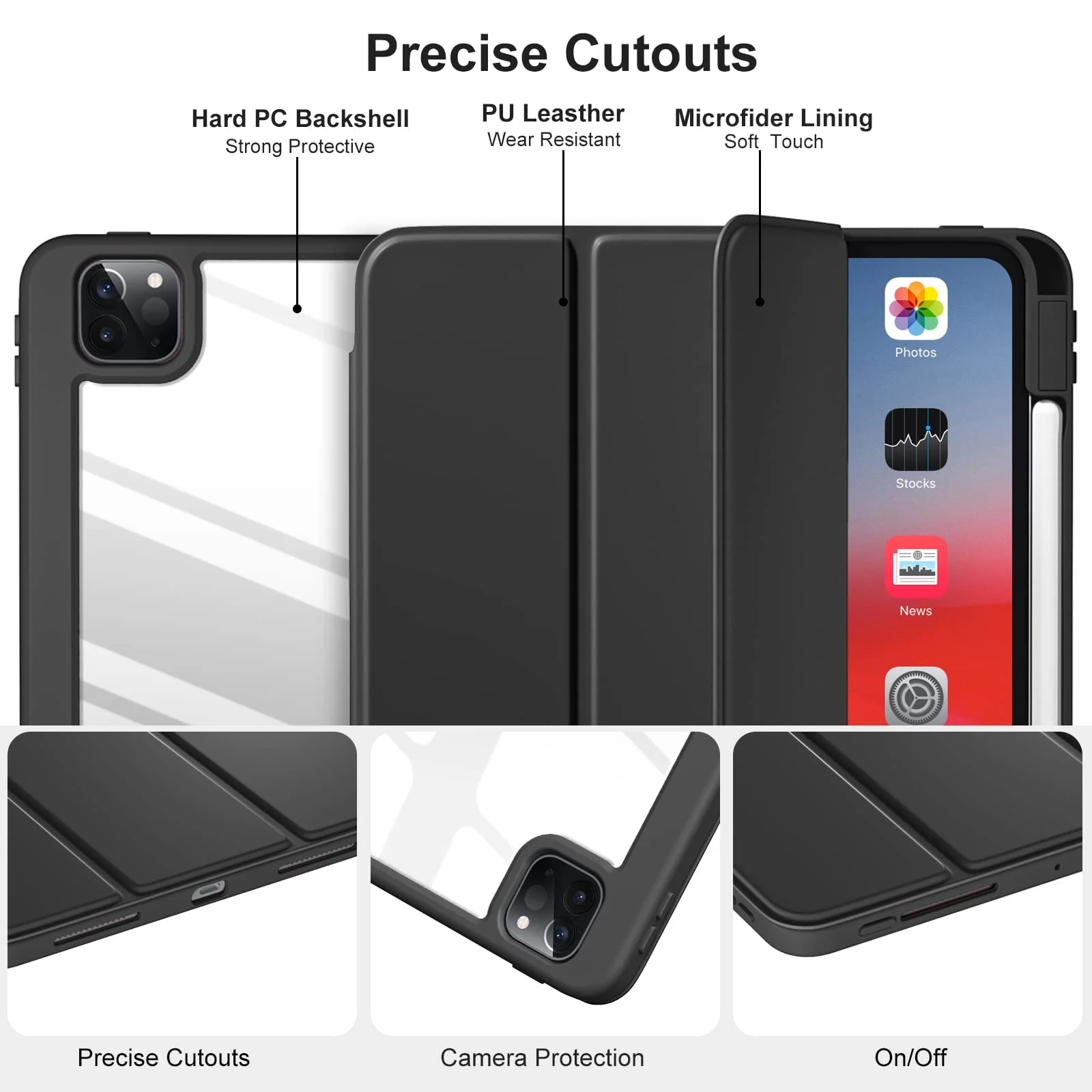 DL3 Mobilak for iPad Pro 12.9 Case 6th/5th/4th/3rd Generation 2022/2021/2020/2018, Clear Shockproof Back Cover Built-in Pencil Holder, Auto Sleep/Wake - Black