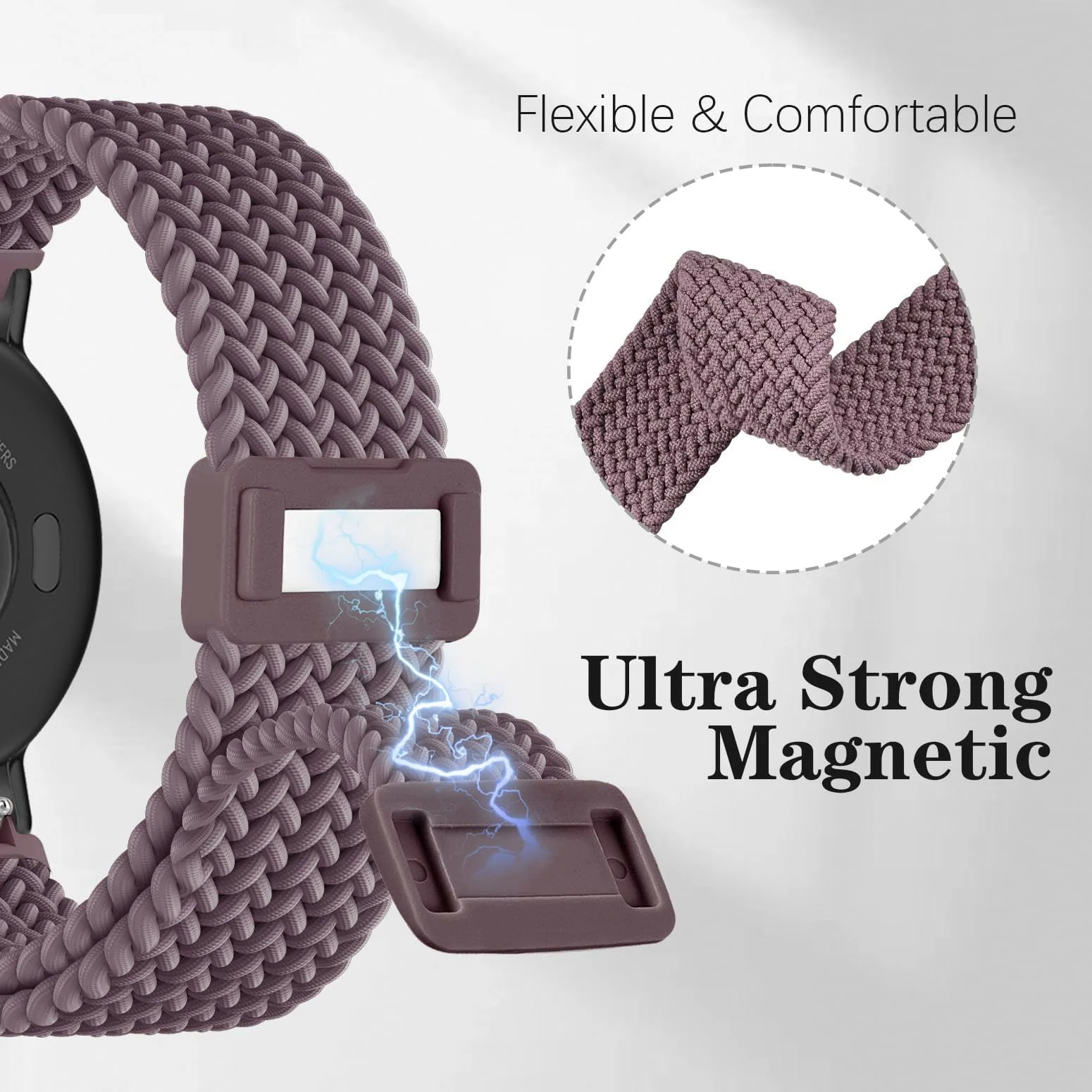 DL3 Mobilak 20mm Magnetic Band for Samsung Galaxy Watch 7/6/5/4/FE Band 40mm 44mm/Galaxy Watch 6/4 Classic Bands 47mm 43mm 46mm 42mm/Watch 5 pro 45mm/3 41mm/Active 2, Stretchy Braided Nylon Magnetic Sport Strap - Smoke Violet