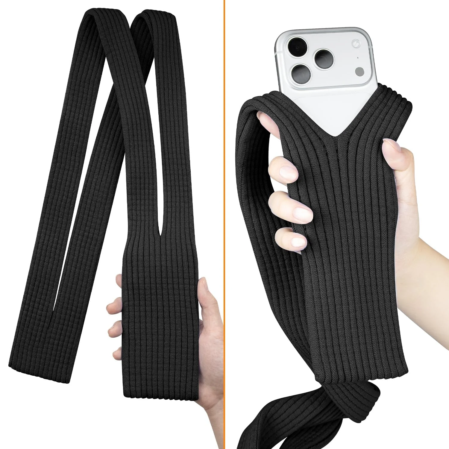 DL3 Mobilak Phone Pocket Lanyard Crossbody Strap 80cm, Universal Stretch Knit Mobile Holder Pouch, Hands-Free Shoulder Phone Bag for iPhone & All Smartphones, Lightweight Minimalist Design - Black