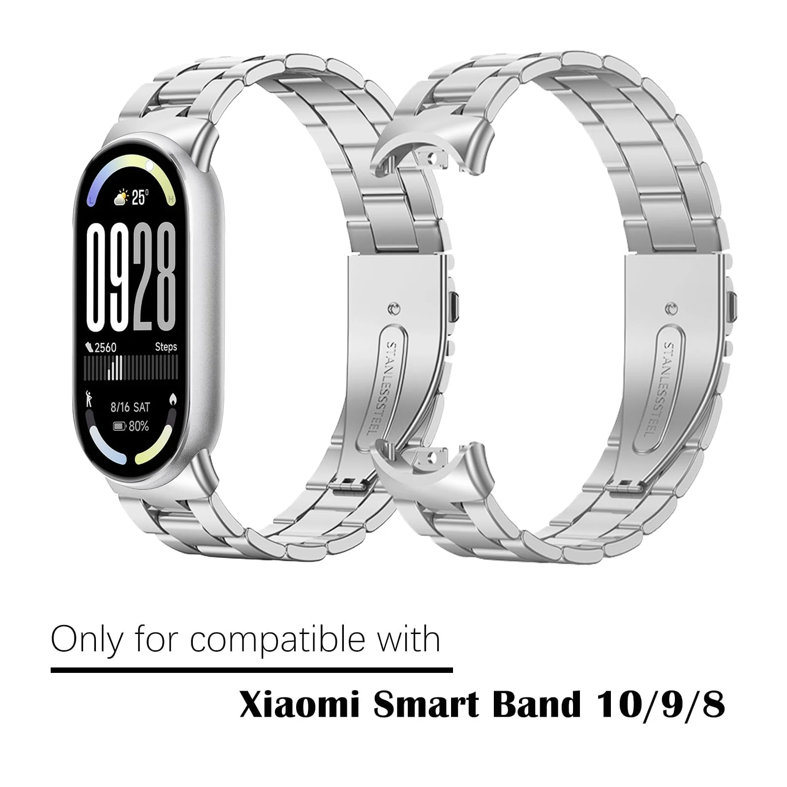 MOBIGON Stainless Steel Bracelet Strap with Double-Folding Clasp for Xiaomi Smart Band 8 / 9 / 10, Silver