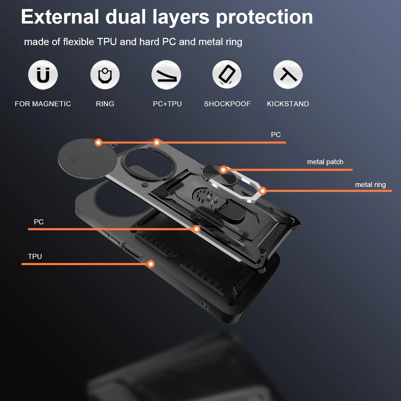 DL3 Mobilak Case for OPPO Reno 12 F/Reno 12F with Slide Camera Cover, Military Grade Shockproof Protective Cover with Rotatable Metal Ring Kickstand [Support Magnetic Car Mount] - Black