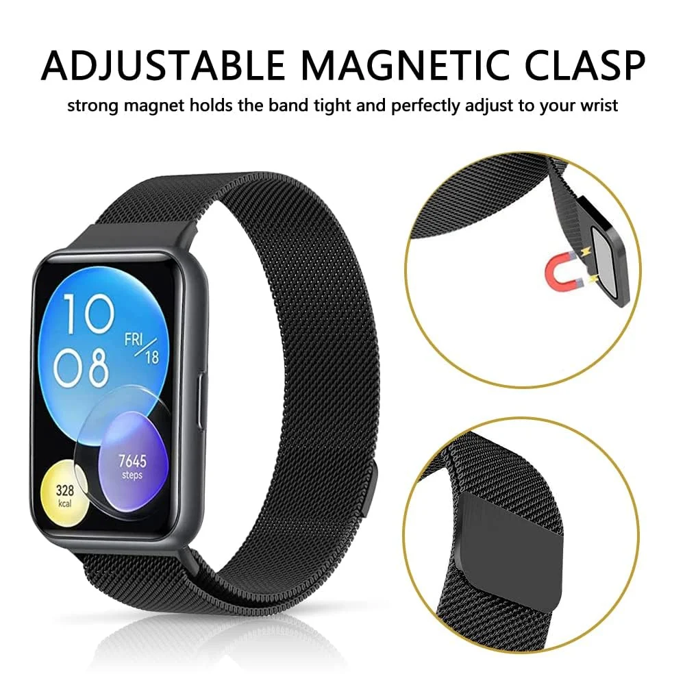 DL3 Mobilak Bracelet Compatible with Huawei Watch Fit 2, Stainless Steel Replacement Strap, Mesh Metal Watch Strap, Magnetic Adjustable Replacement Strap Compatible with Huawei Watch Fit2 - Black