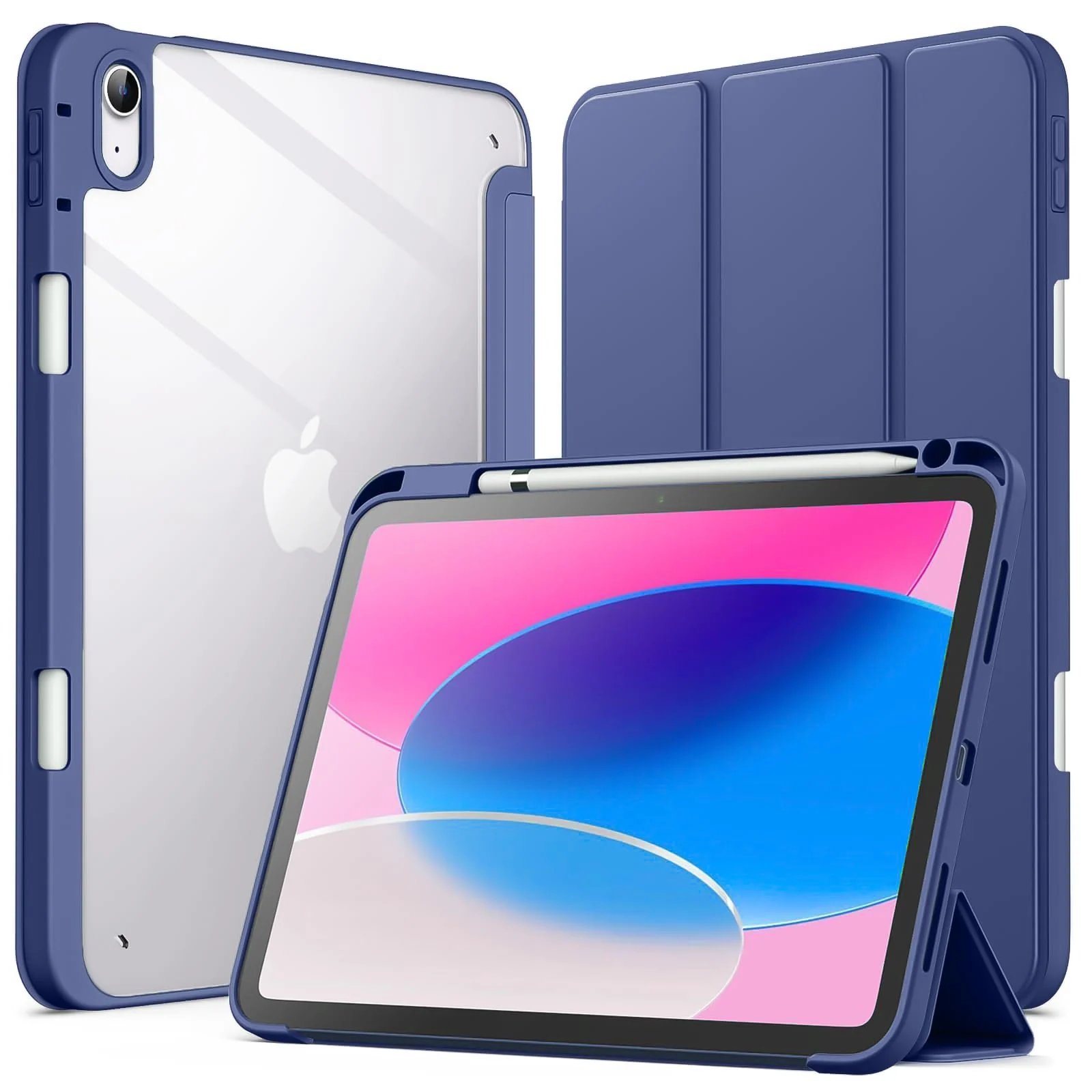 DL3 Mobilak Case for For iPad Air 11-Inch M2 (2024), iPad Air 5/4 (2022/2020 5th/4th 10.9-Inch), Clear Shockproof Back Cover Built-in Pencil Holder, Auto Sleep/Wake - Navy Blue