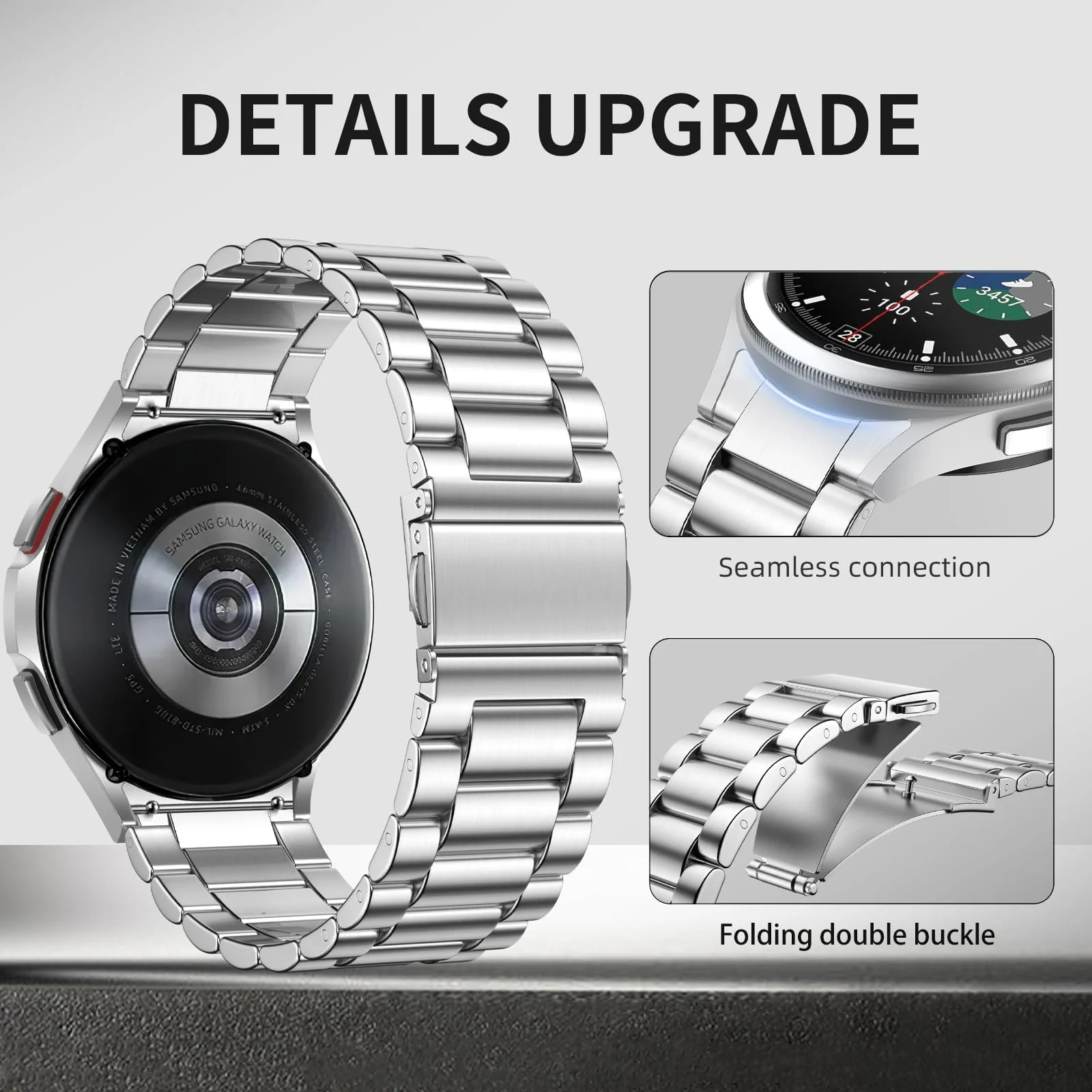 DL3 Mobilak No Gap Straps Compatible with Samsung Galaxy Watch 7/6/5/4 44mm 40mm, 20mm Metal Band for Galaxy Watch FE/6 Classic 47mm 43mm/5/5 Pro 45mm/4/4 Classic 46mm 42mm - Silver