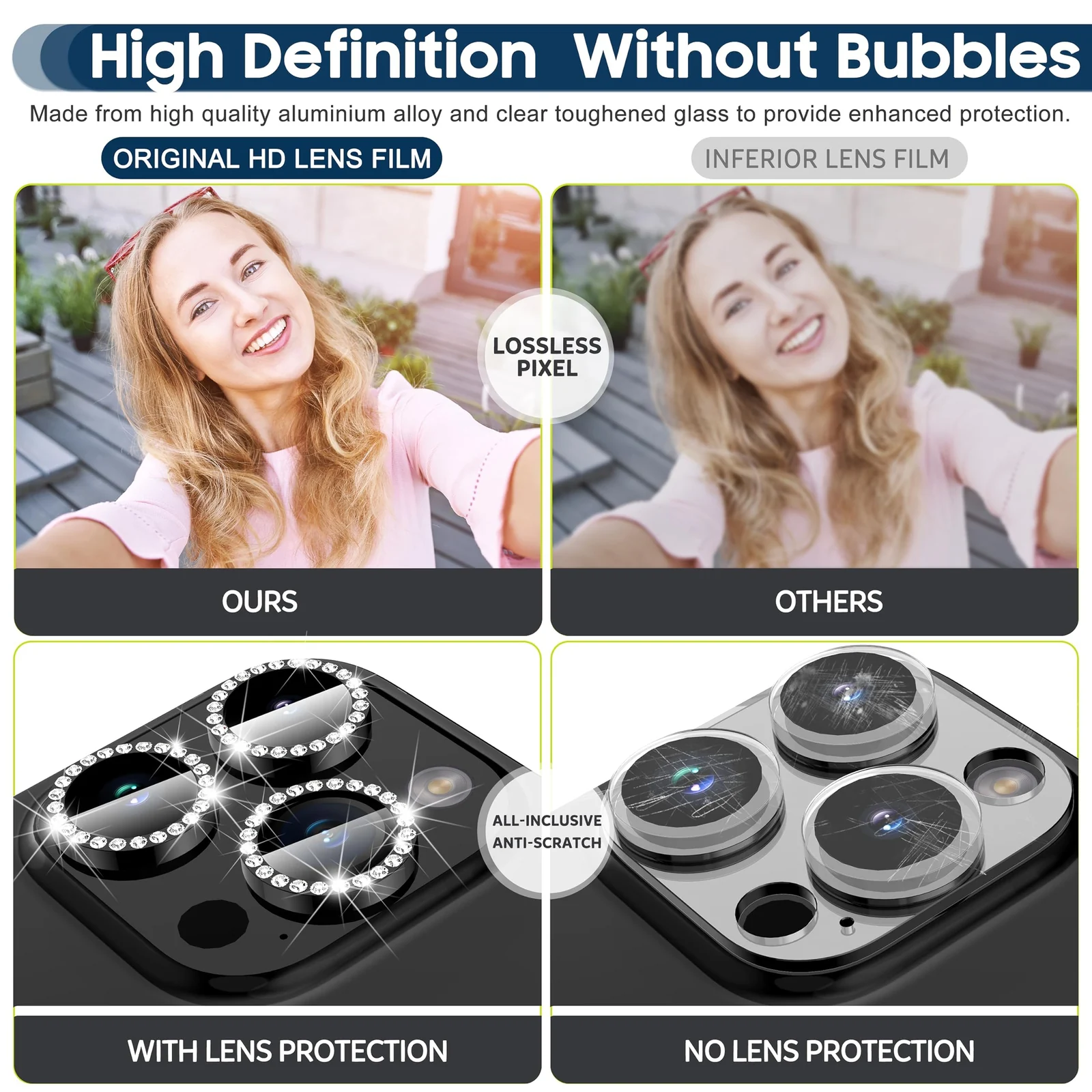 DL3 Mobilak Camera Lens Protector For iPhone 15 Pro/iPhone 15 Pro Max, [Keep Original Shooting] Tempered Glass Screen Protector Metal Individual Camera Cover, Case Friendly - Diamond Black