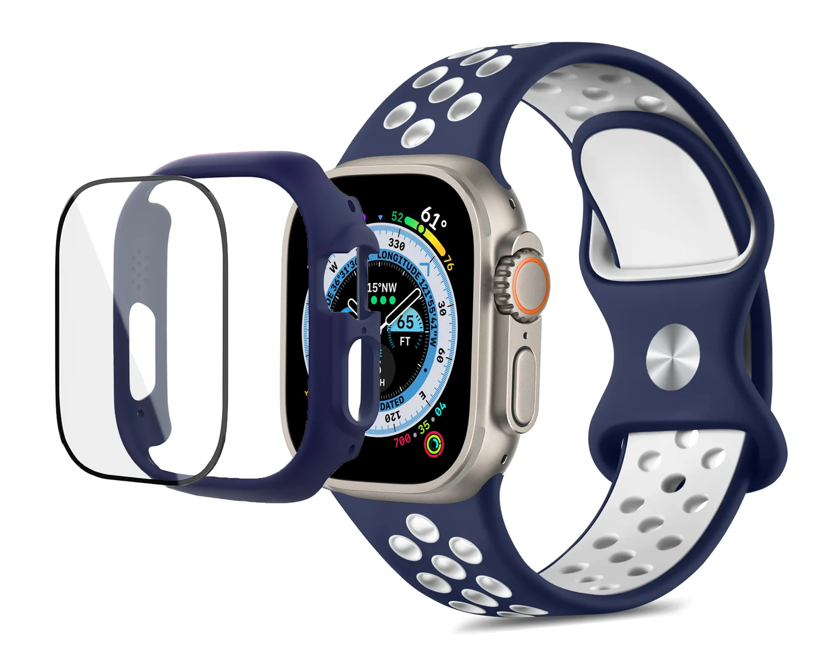 DL3 Mobilak Band with Case For Apple Watch Ultra/Ultra 2 49mm, Adjustable Silicone Sport Wristband Replacement, Strap With Cover Built-in Glass Screen Protector for iWatch Ultra 49 mm (&) - Blue & White