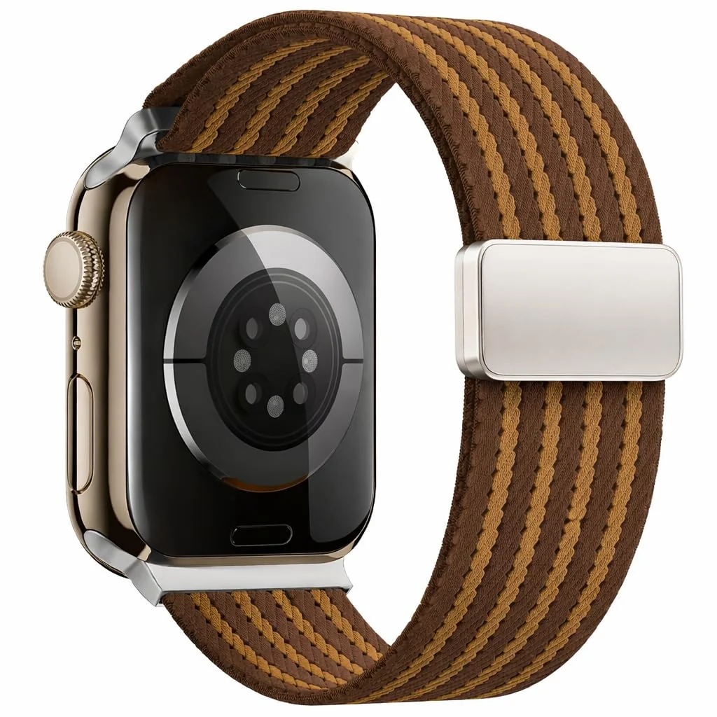 DL3 Mobilak Sport Solo Loop Compatible with Apple Watch Band 42mm 44mm 45mm 46mm 49mm for Women Men, Magnetic Strap Stretchy Braided Wristband for iWatch Series 11 10 9 8 7 6 5 4 3 Ultra 3 2 1 SE SE2 - Brown Striped