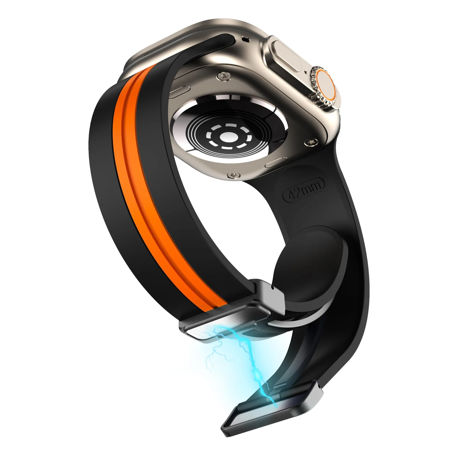 DL3 Mobilak Magnetic Strap for Apple Watch Band 49mm 45mm 44mm 41mm 40mm 38mm 42mm, Silicone Replacement Wristband Strap for iwatch Series 9 8/7/6/5/4/3/2/SE (38mm/40mm/41mm) - Black Orange