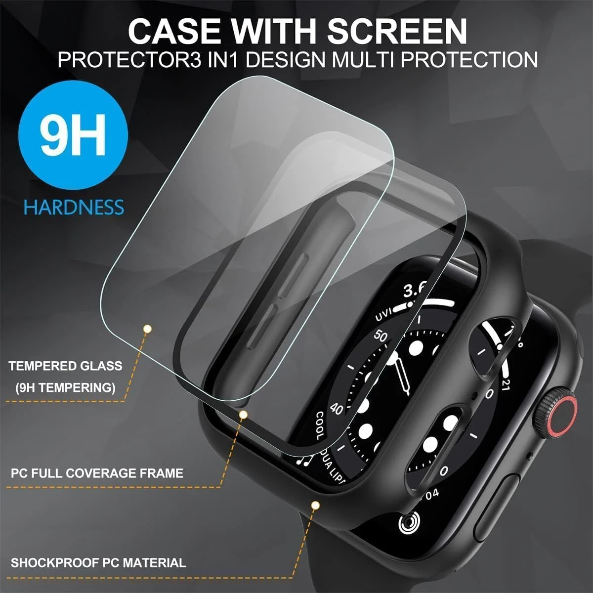 DL3 Mobilak Hard Case Designed for Apple Watch Series 8/7/6/5/4/Series SE/SE 2 44mm, Built-in 9H [HD Clear] Tempered Glass Screen Protector, [Full Protection] Slim Cover for 44mm - Black
