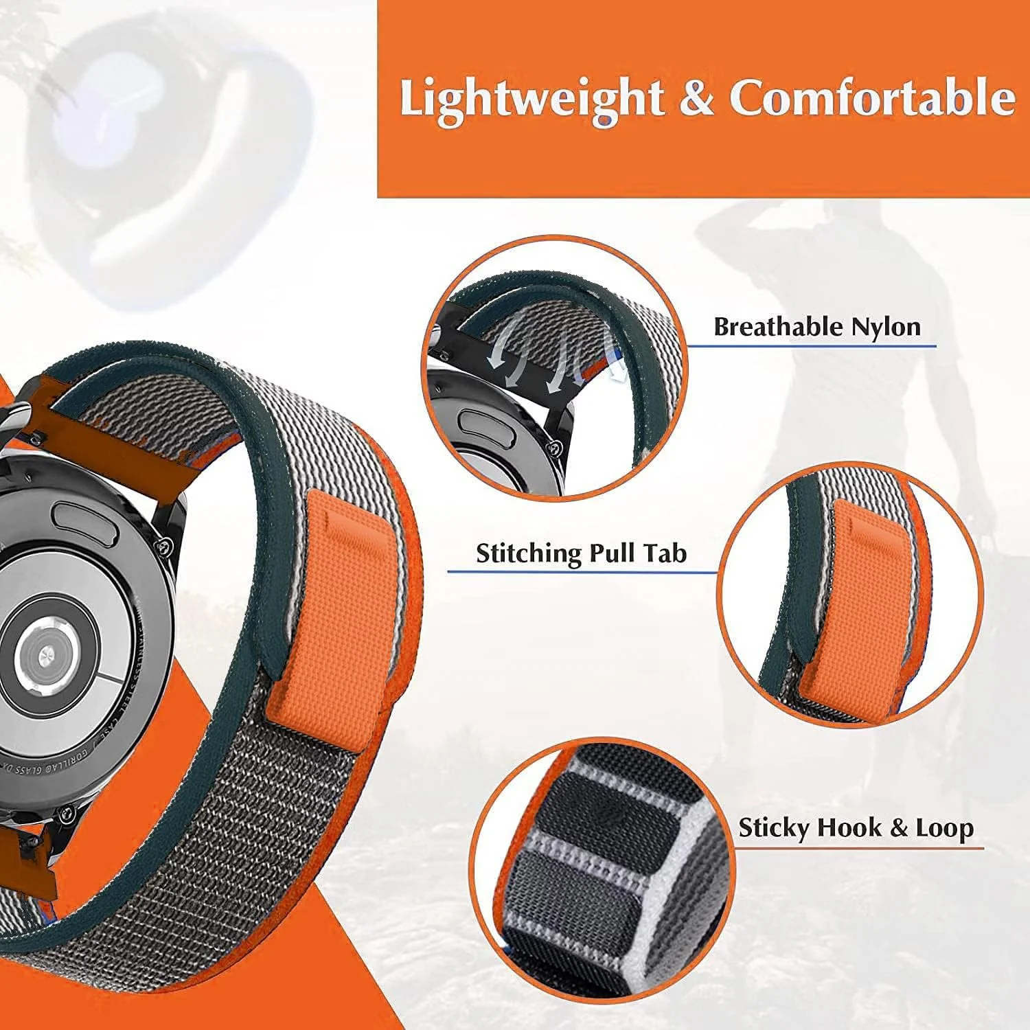 DL3 Mobilak No-Gap Nylon Watch Bands Compatible with Samsung Galaxy Watch 6 5 4 Band 40mm 44mm/Watch 5 Pro Band 45mm/Watch 6 4 Classic Band 42mm 43mm 46mm 47mm, Alpine Loop Woven Sport Strap Men Women - Trail Orange Gray