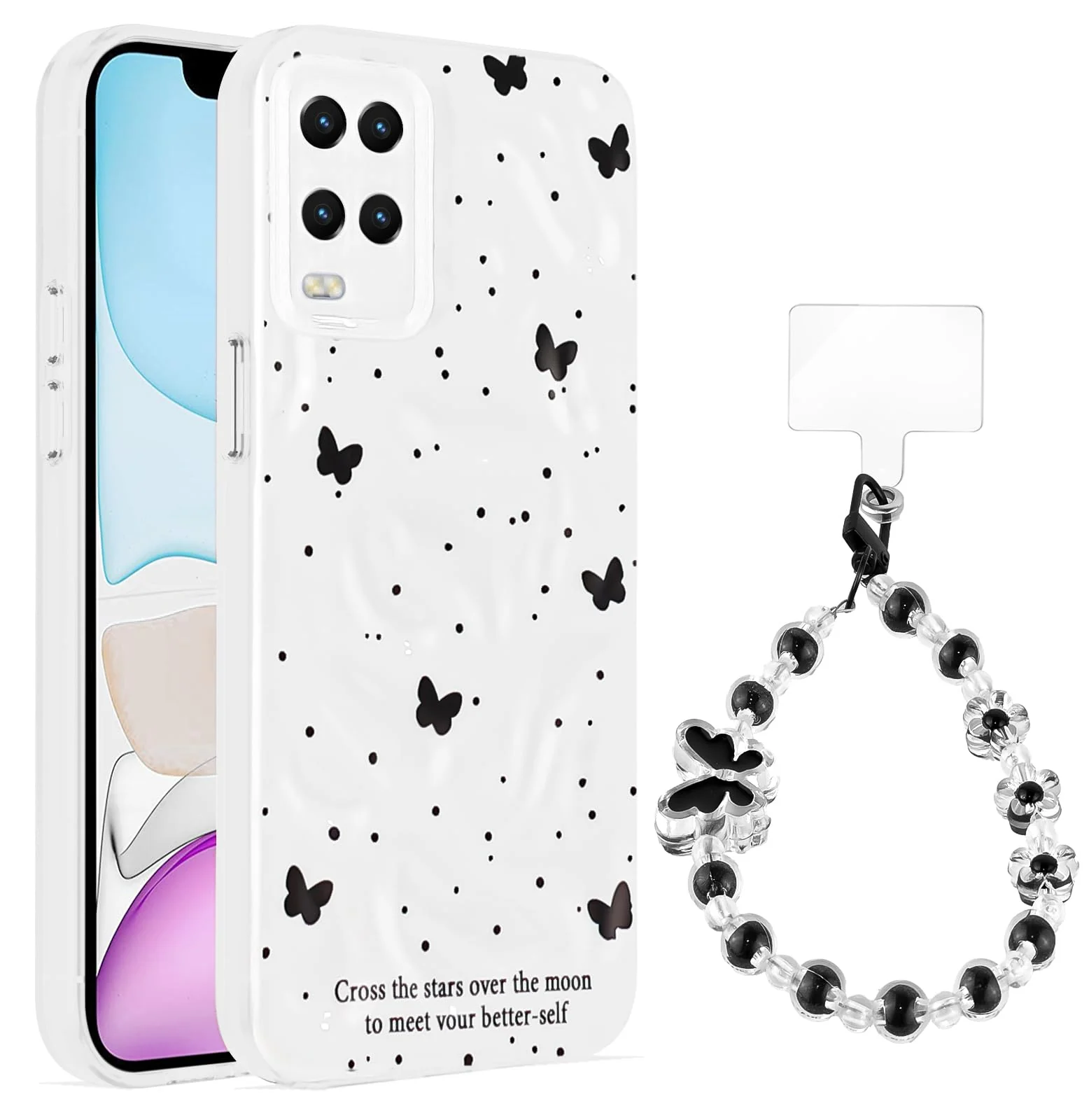 Dl3 Mobilak Case Compatible with OPPO A54 4G, Cute Printed Soft TPU Phone Cover with Beaded Wrist Strap, Shockproof Camera Protection, Slim Protective Case for Women & Girls - Style 1