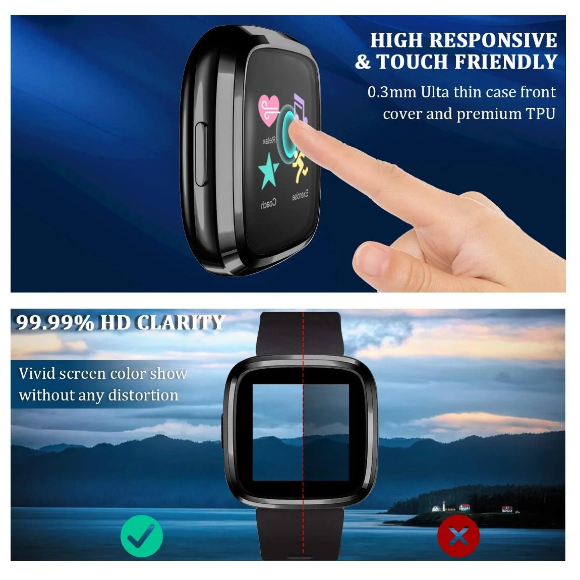 DL3 Mobilak Case Compatible with Fitbit Versa 2 Case All-Around with Built-in Screen Protector Watch Soft TPU Shockproof Cover Slim Guard Thin Bumper Shell Protector For Versa 2 - Black