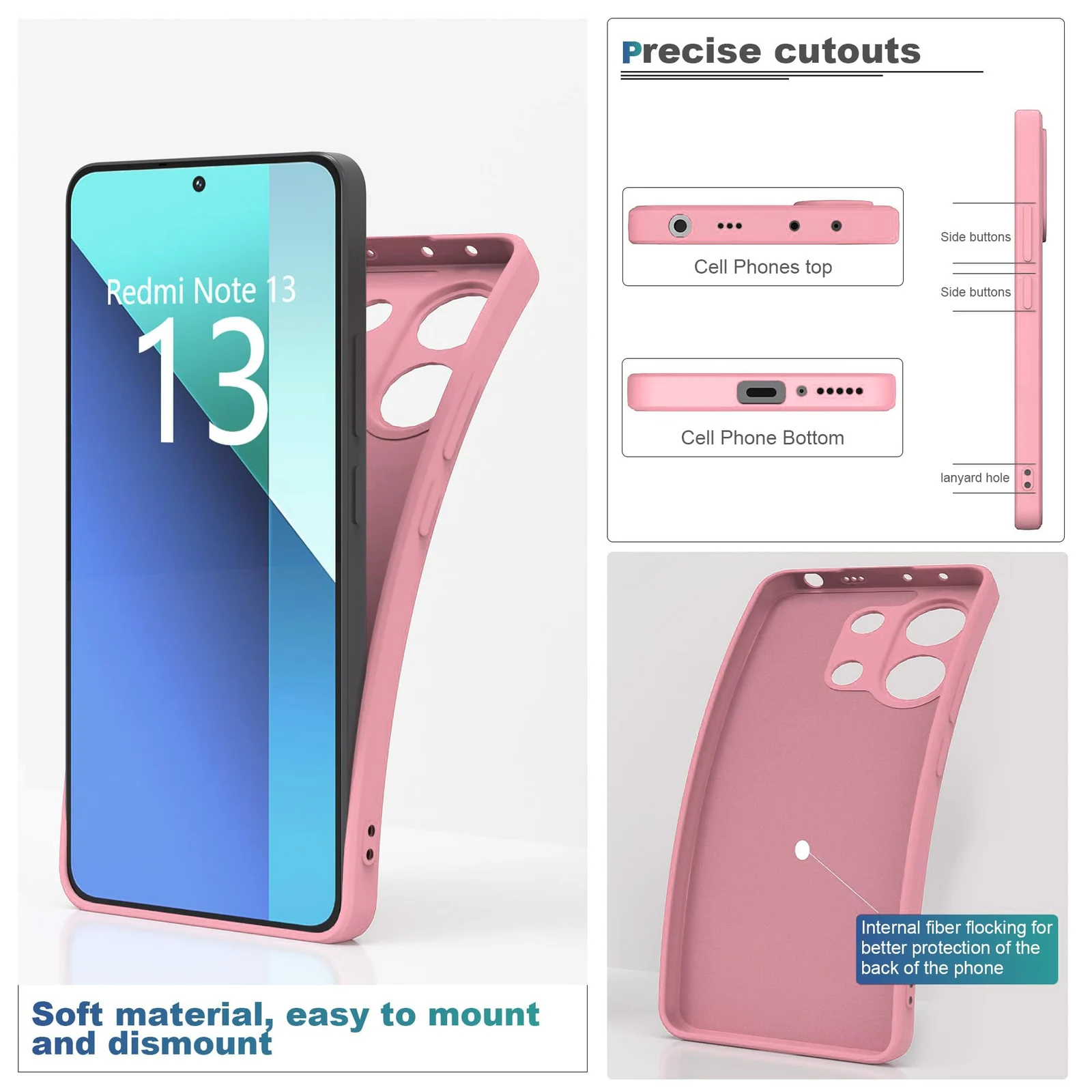DL3 Mobilak Liquid Silicone Protective Case for Xiaomi Redmi Note 13 4G with Microfiber Lining and Shockproof Design - Pink