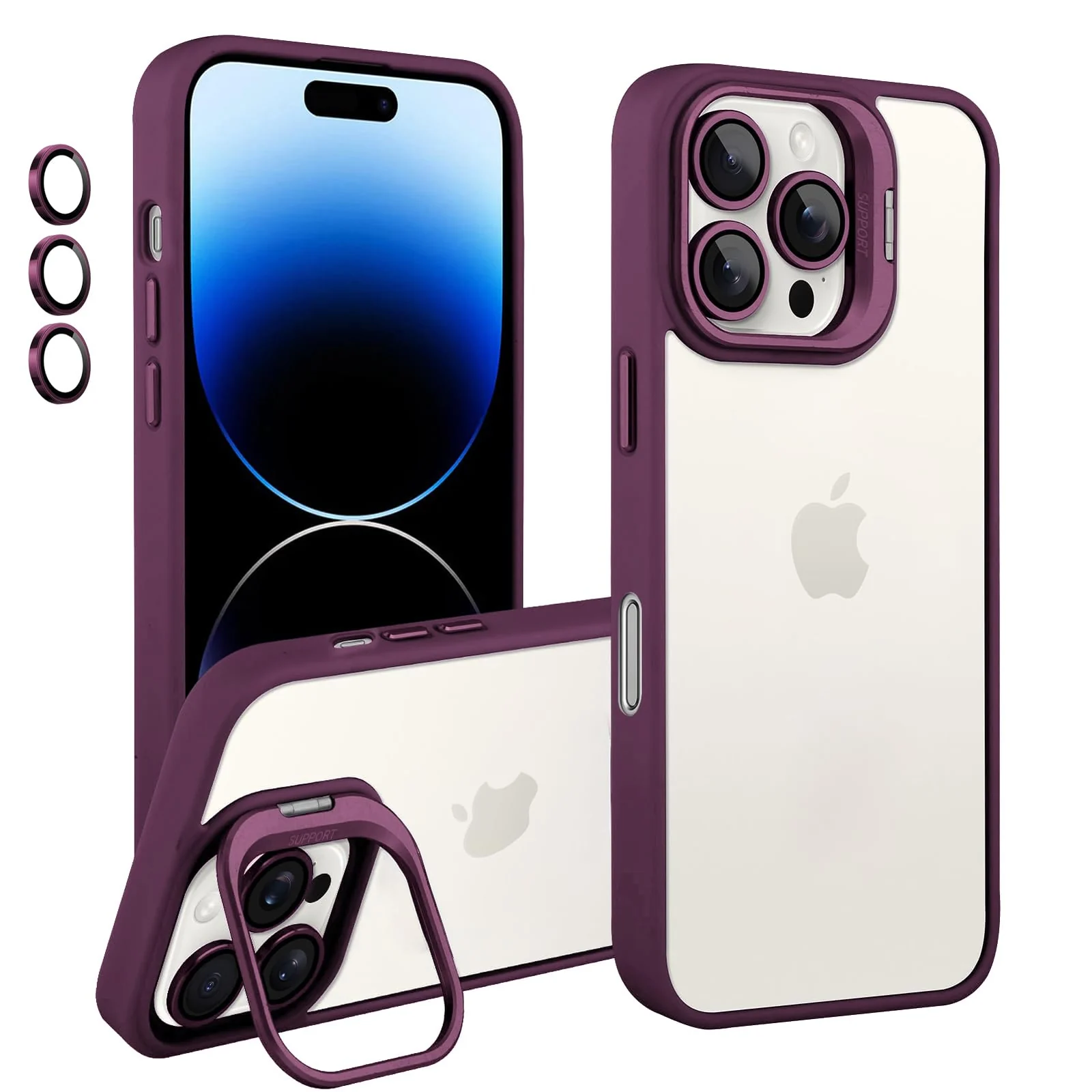 DL3 Mobilak Clear PC and TPU Case with Camera Ring Kickstand and Lens Protector for iPhone 16 Pro - Wine Red