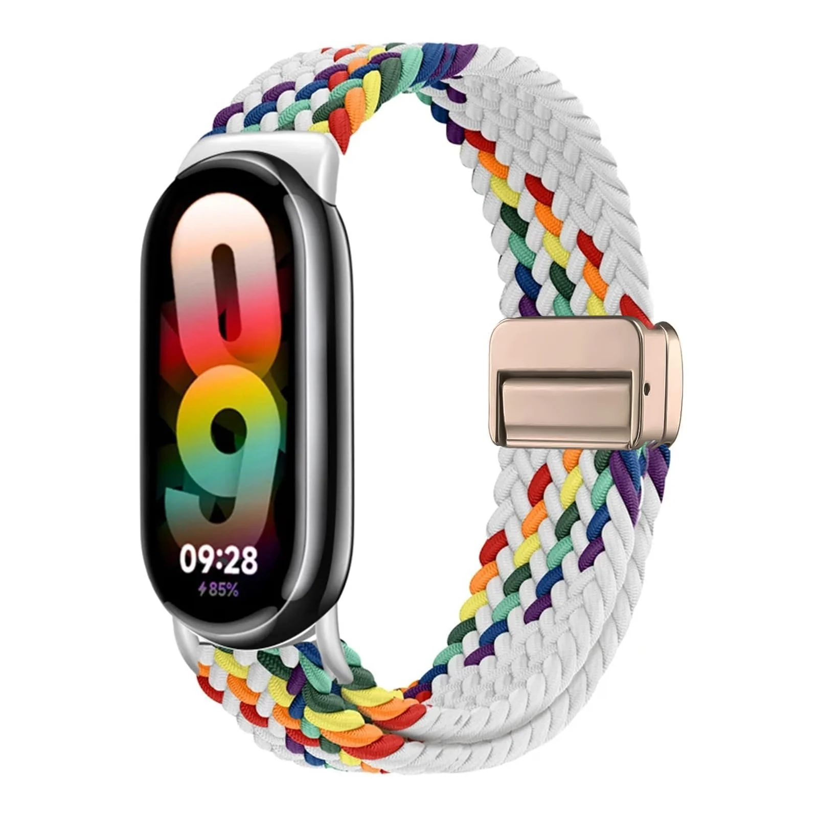 DL3 Mobilak Braided Strap for Xiaomi Mi Band 10/9/8, Men Women Breathable Elastic Nylon with Magnetic Buckle Watch Band for Xiaomi Smart Band 10/Xiaomi Smart Band 9/8 - White Rainbow