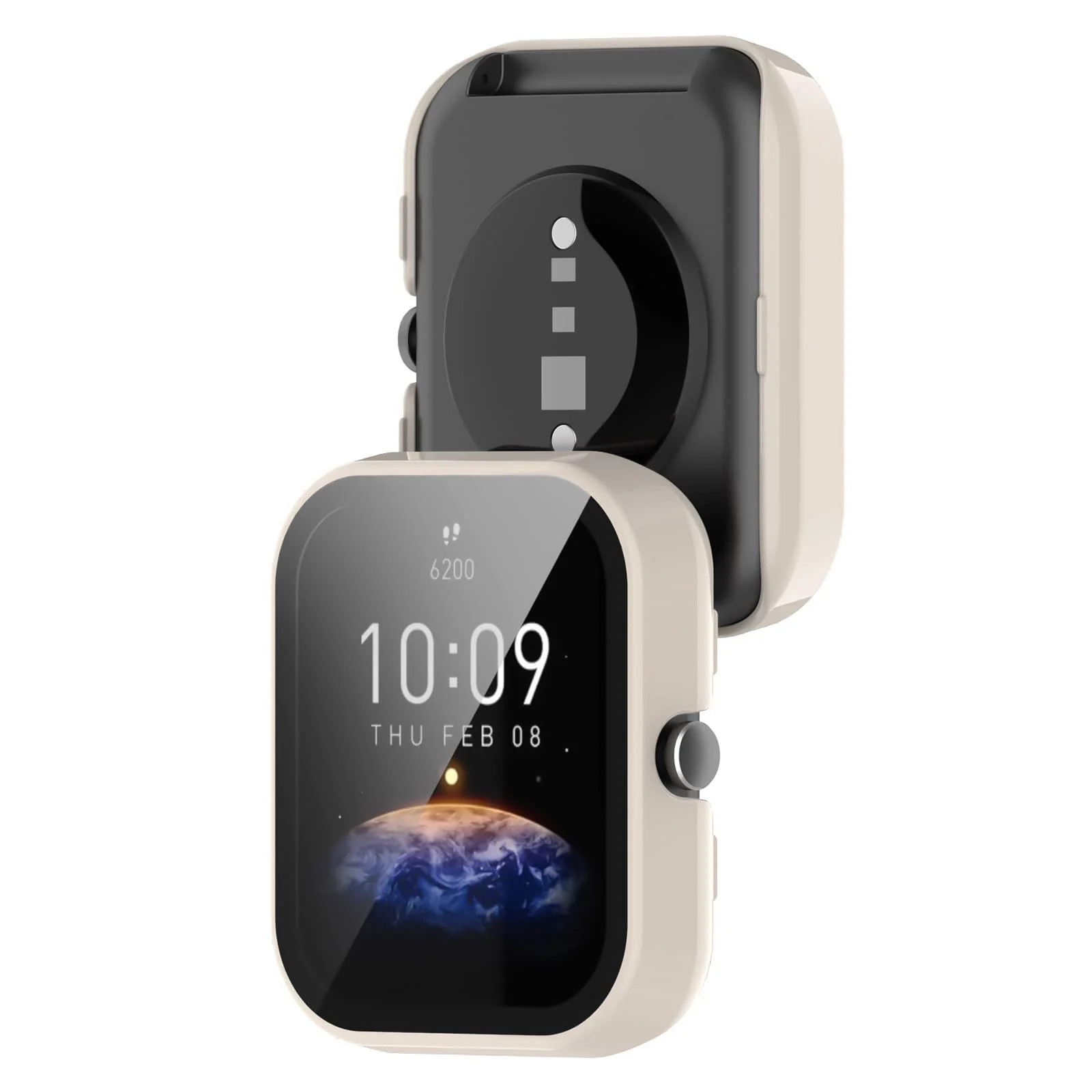 DL3 MOBILAK Full-Coverage Watch Case with Tempered Glass for Amazfit Bip 3 / Bip 3 Pro, Ivory White